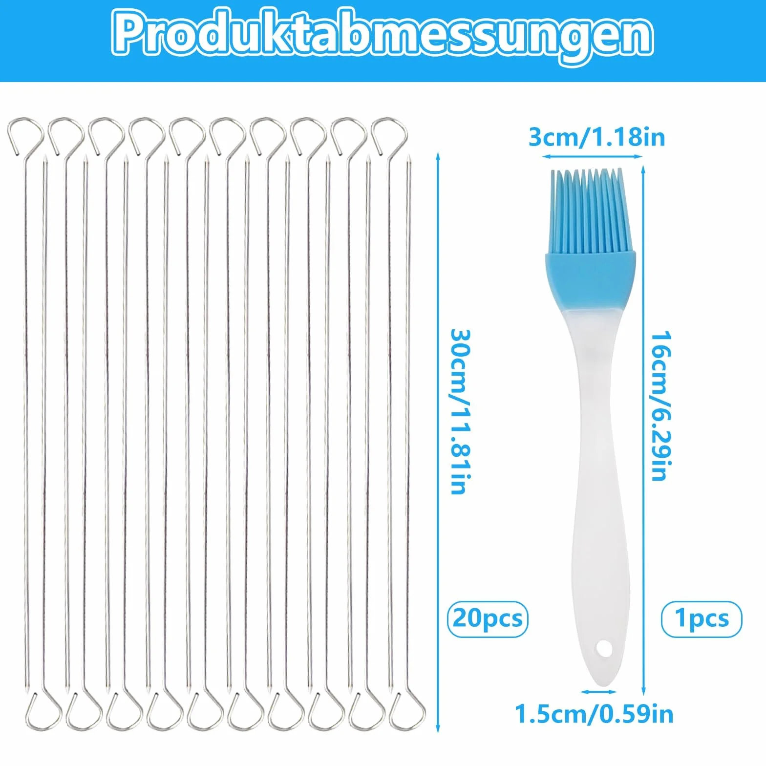 Pic a Brochette en Métal 30 cm avec Pinceau à Huile Silicone Bleu - Kit de Grillade pour Pique-nique et Camping