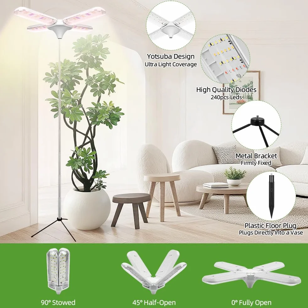 Lampe de Plante 240 LED Lampe de Culture Spectre Complet Hauteur Réglable 35-170cm Style Quatre Feuilles