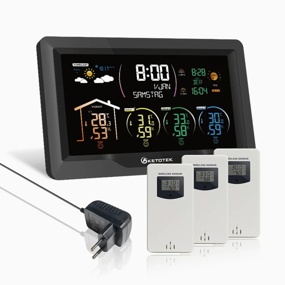 KETOTEK Station Meteo Interieur Exterieur Sans Fil Thermometre Hygrometre | avec 3 Capteurs 7,5" VA LCD Affichage Baromètre, Prévisions Météorologiques, Réveil, Lever et coucher du soleil