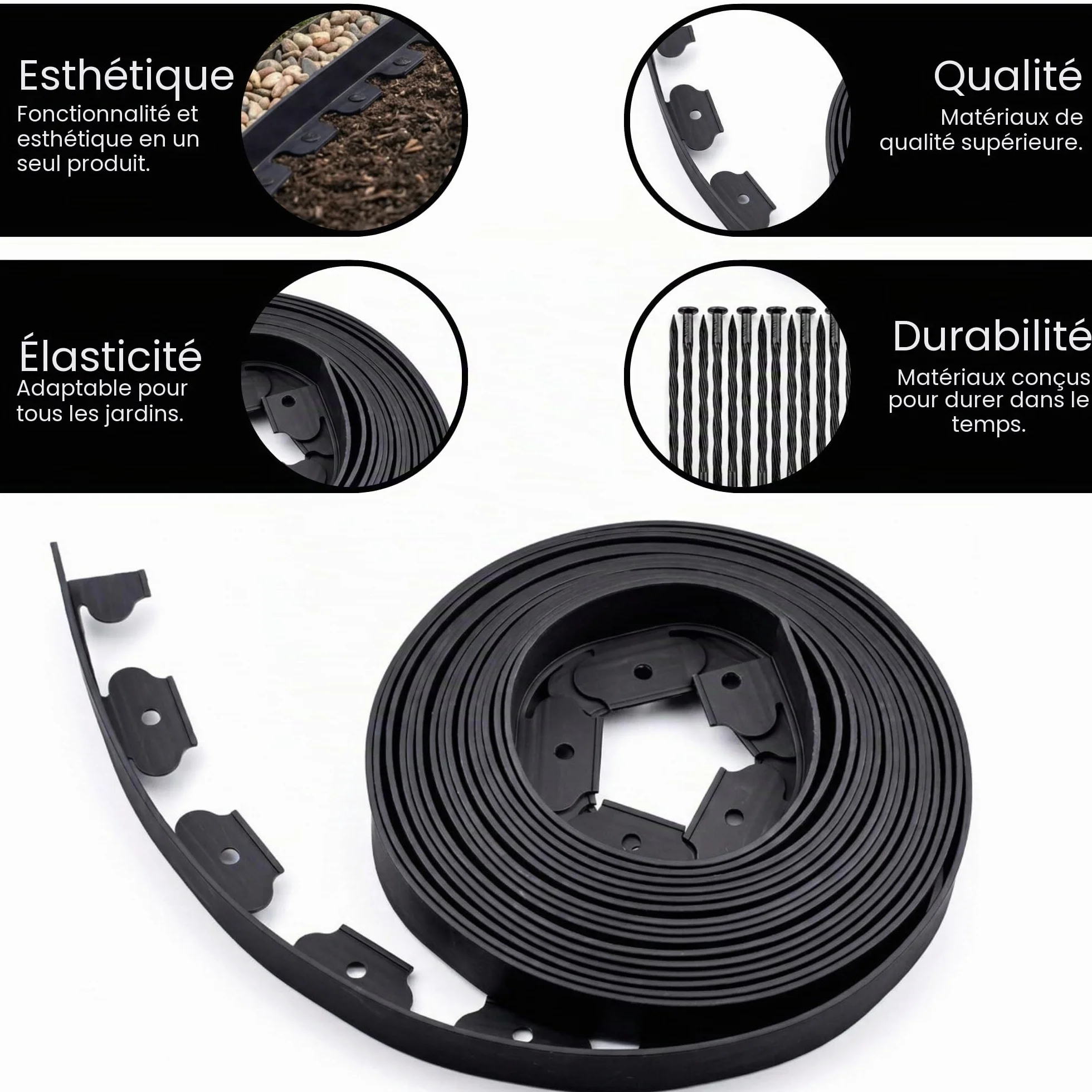 Bordure Jardin extérieur 20 m Flexible Plastique 5 mm Noir avec 60 piquets
