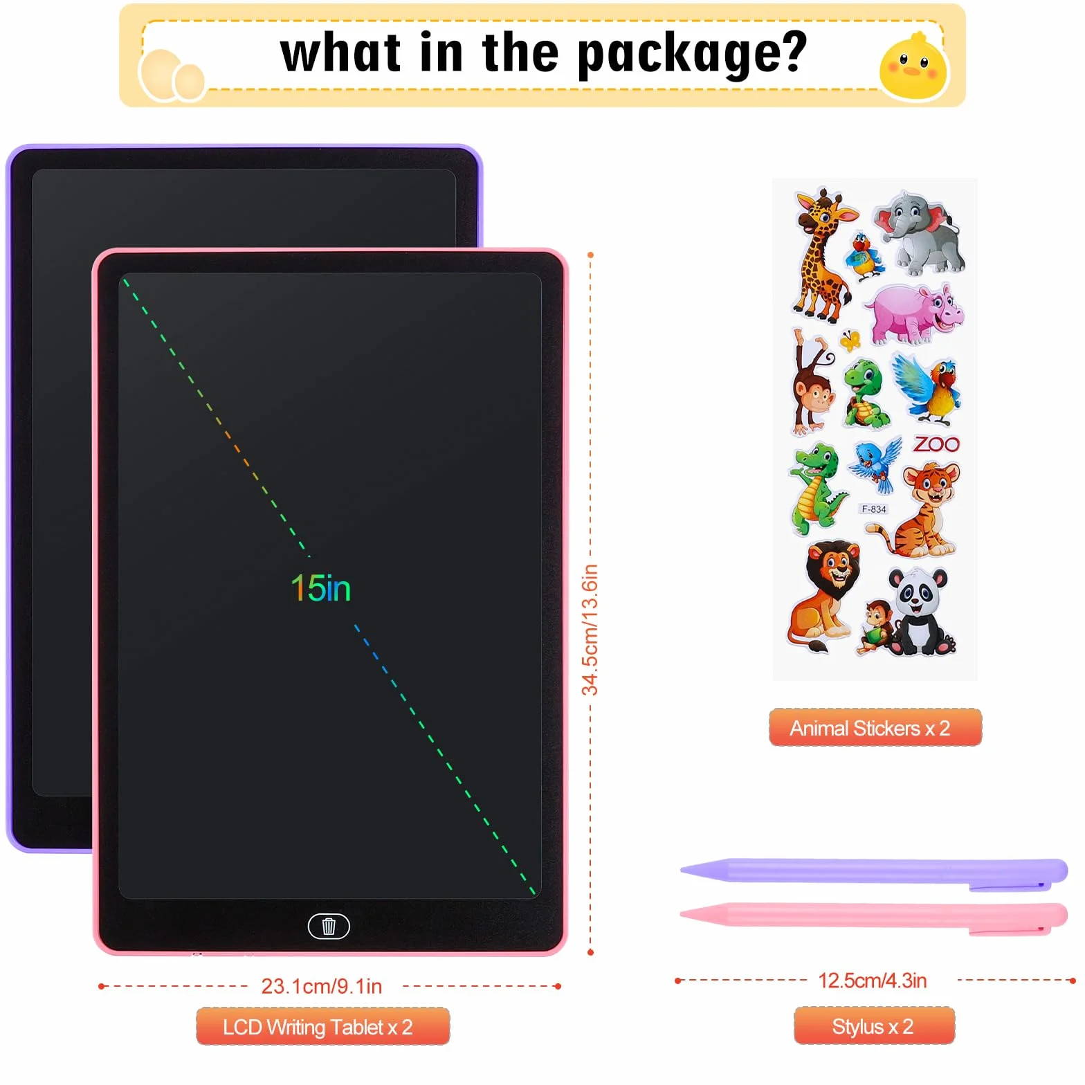 Tablette D'écriture LCD 15 Pouces 2 Pack, Écran Coloré, Bloc D'écriture Effaçable avec Autocollants Animaux, Rose + Violet