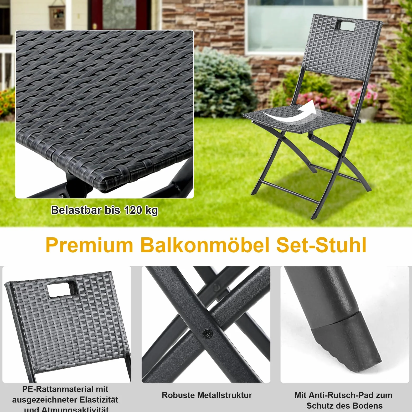 Ensemble de Meubles de Balcon 3 pièces Pliable en Rotin Gris, 2 Chaises et 1 Table, pour Terrasse et Jardin