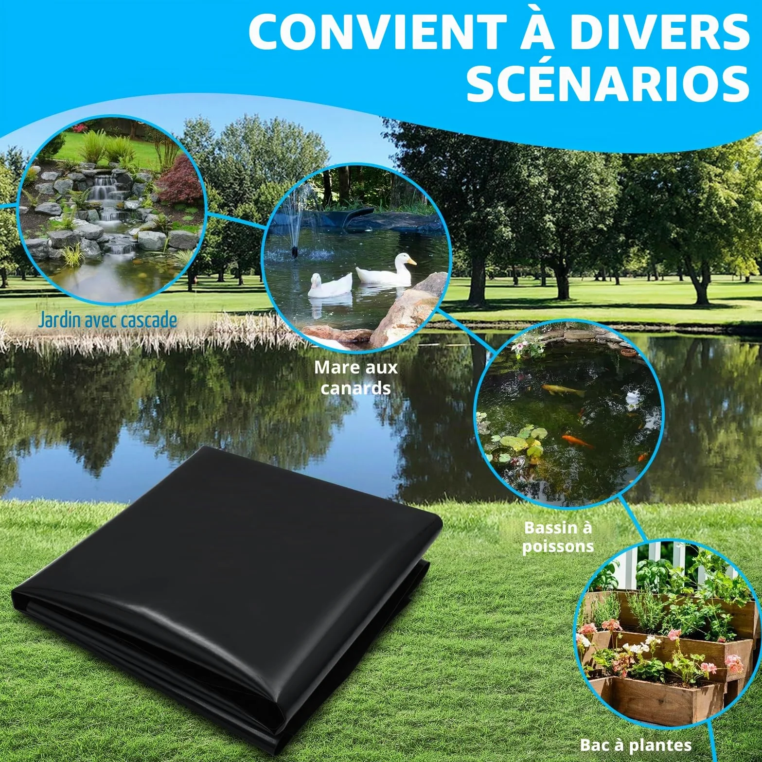 Bâche de Bassin en PVC de qualité supérieure 3x6M, Noire, en PEHD, très résistante, Film d'étanchéité pour Bassin de baignade, bassins à Poissons, fontaines, Jardins Aquatiques et Cascades