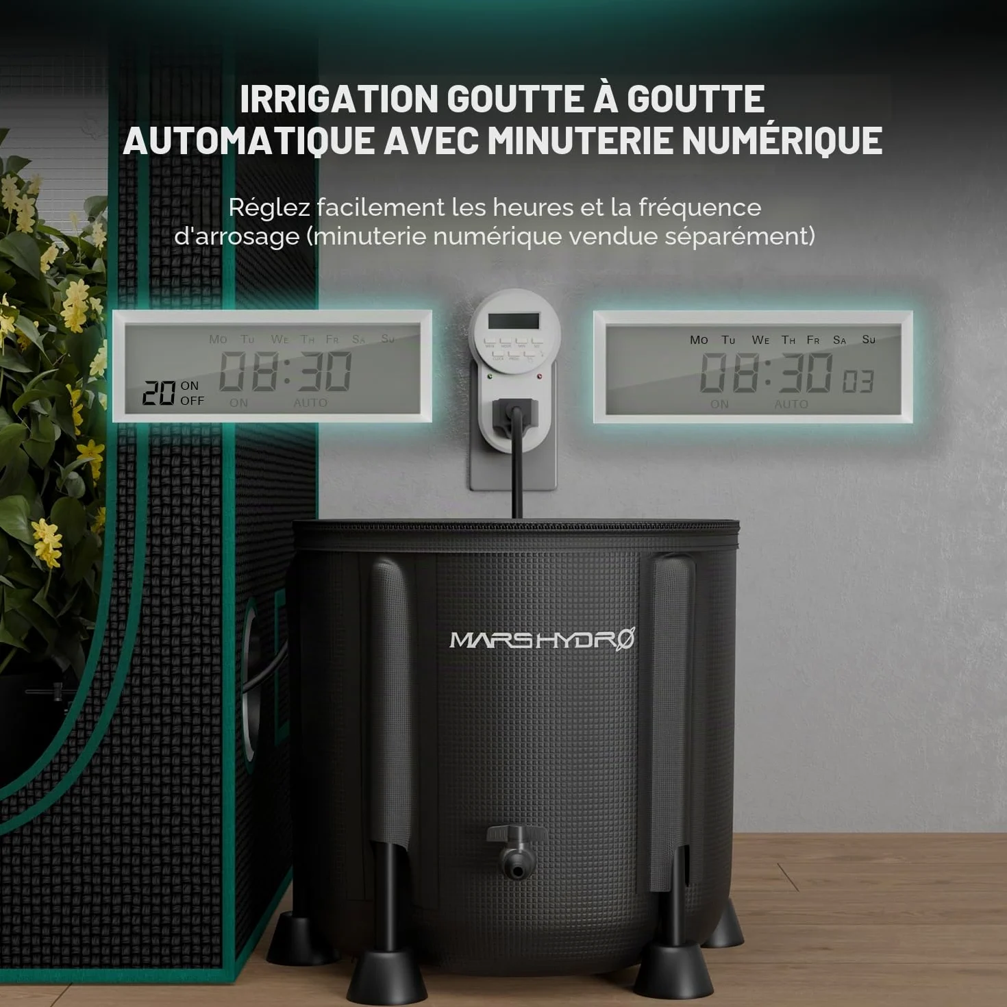 MARS HYDRO Kits d'irrigation goutte automatique avec seau pliable de 5 l, pompe à eau améliorée 24 W, 8 émetteurs goutte