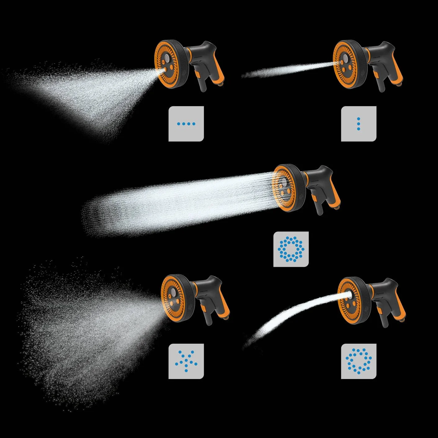 Fiskars Pistolet Pulvérisateur Multi, 5 Jets, Débit réglable en continu | Avec Contrôle Gâchette à l'Avant et verrouillage marche/arrêt, SoftGrip, Taille universelle, noir/orange, 1065482