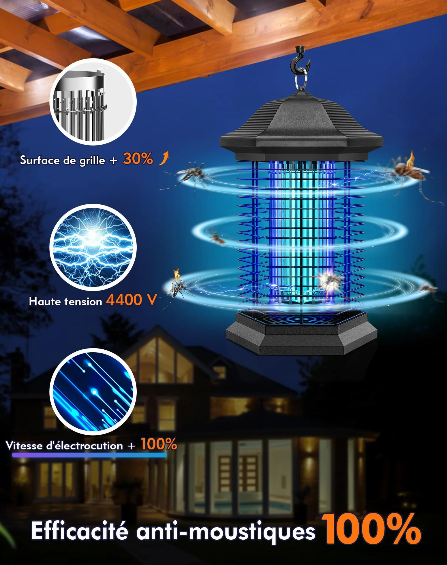 AMUFER Lampe Anti Moustique 18W 4400V Tue-Mouche Électrique IPX4 Étanche Tueur d'Insectes