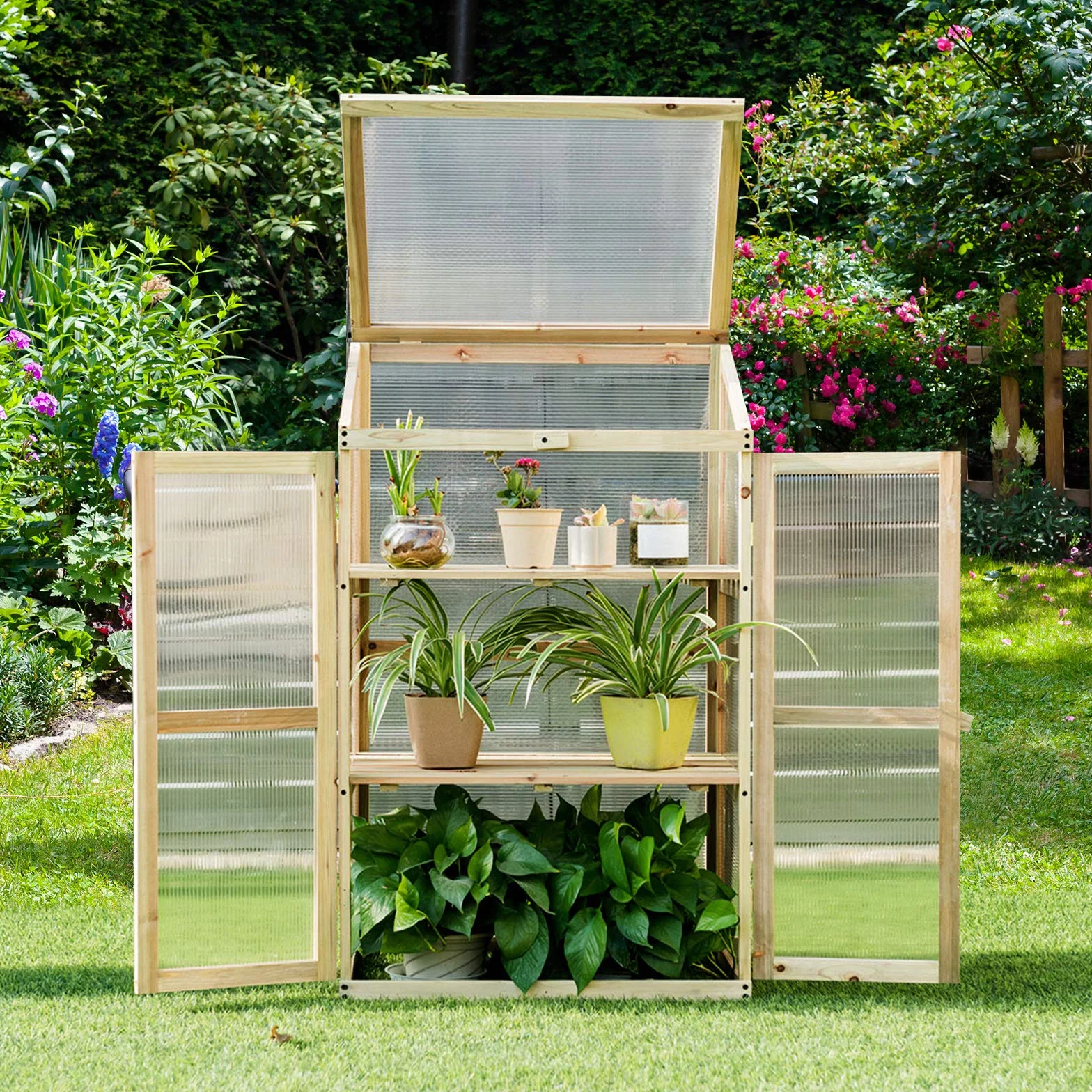 HOMASIS Serre de Balcon PC en Verre avec 2 Étagères | Mini Serre de Jardin en Bois d'Épicéa avec Portes pour Légumes Plantes Fleurs 60 x 45 x 100 cm Naturelle