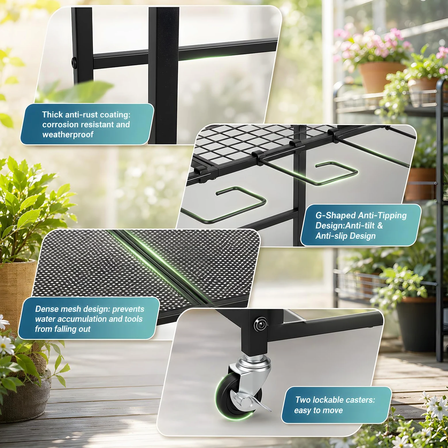 Support de rangement pour outils de jardin, 61 x 41 x 66 cm, pour 78 outils à long manche, gestion de garage avec 11 crochets et roues pivotantes à 360°