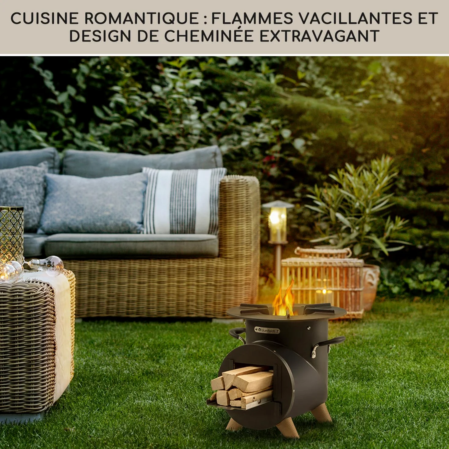 Blumfeldt Brasero Exterieur avec Barbecue Gril pour le Jardin et Terrasse, Brasero BBQ Portable, Bol en Acier, Brasero en forme de L, Foyer Camping, Brûleur à Bois avec Bac à Cendres et Tisonnier