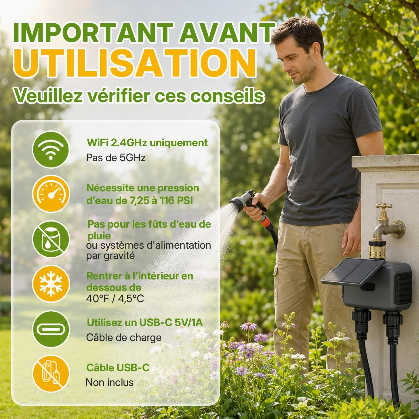 Mcbazel Programmateur d’Arrosage Automatique WiFi à 2 Sorties pour Jardin et Pelouse, avec Panneau Solaire Rechargeable, Conception Étanche IP55, Compatible Application Smart Life et Assistants Vocaux