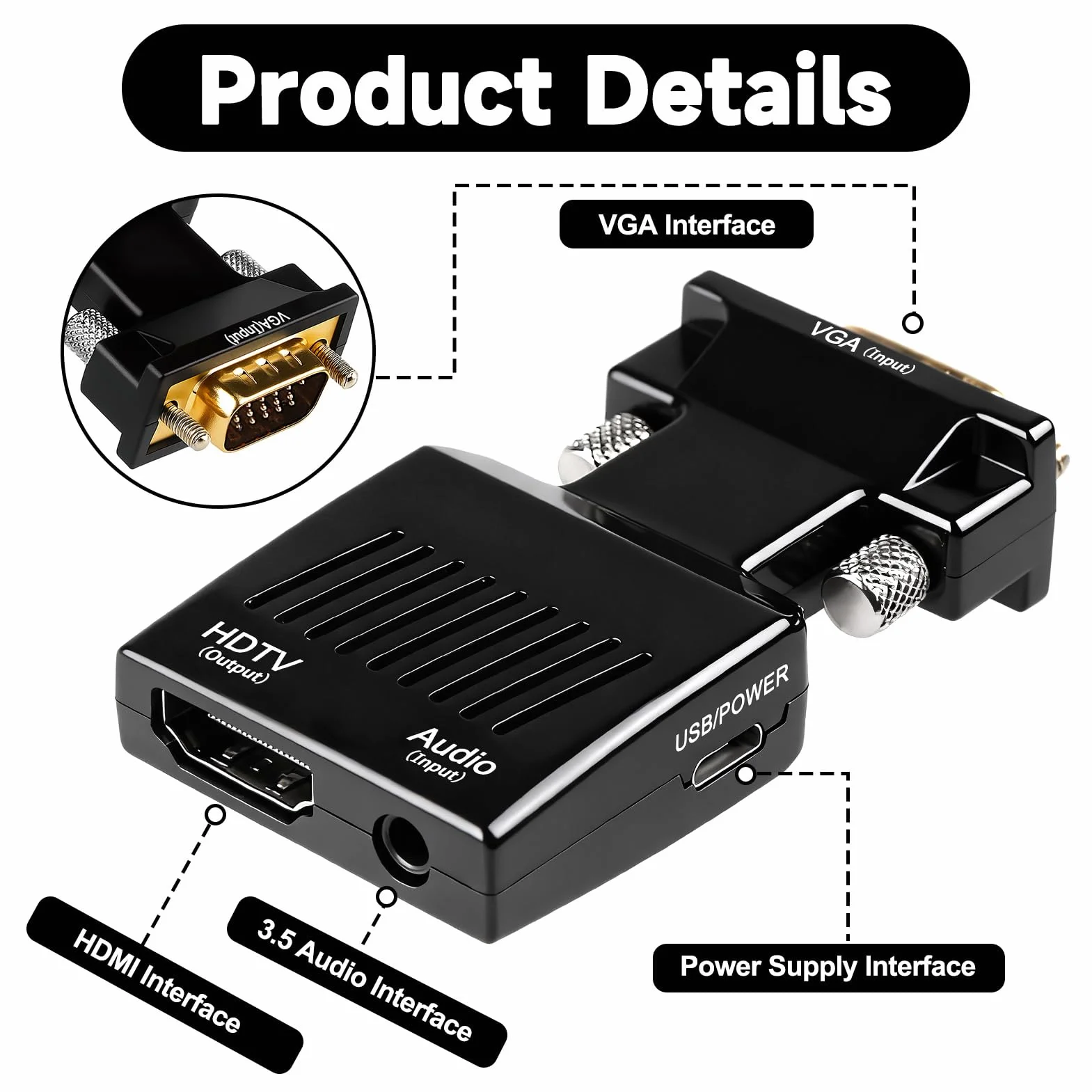 Adaptateur VGA vers HDMI 1080P Convertisseur Mâle vers Femelle 60Hz avec Câble 3,5 mm et Alimentation pour PC vers TV