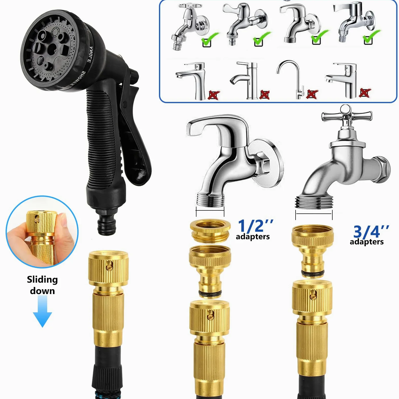 Tuyau d'arrosage flexible extensible de 30 m avec buse de pulvérisation 8 fonctions, 3 tuyaux d'arrosage extensibles durables avec connecteurs en laiton anti-fuite de 1,9 cm et 1,27 cm pour jardinage