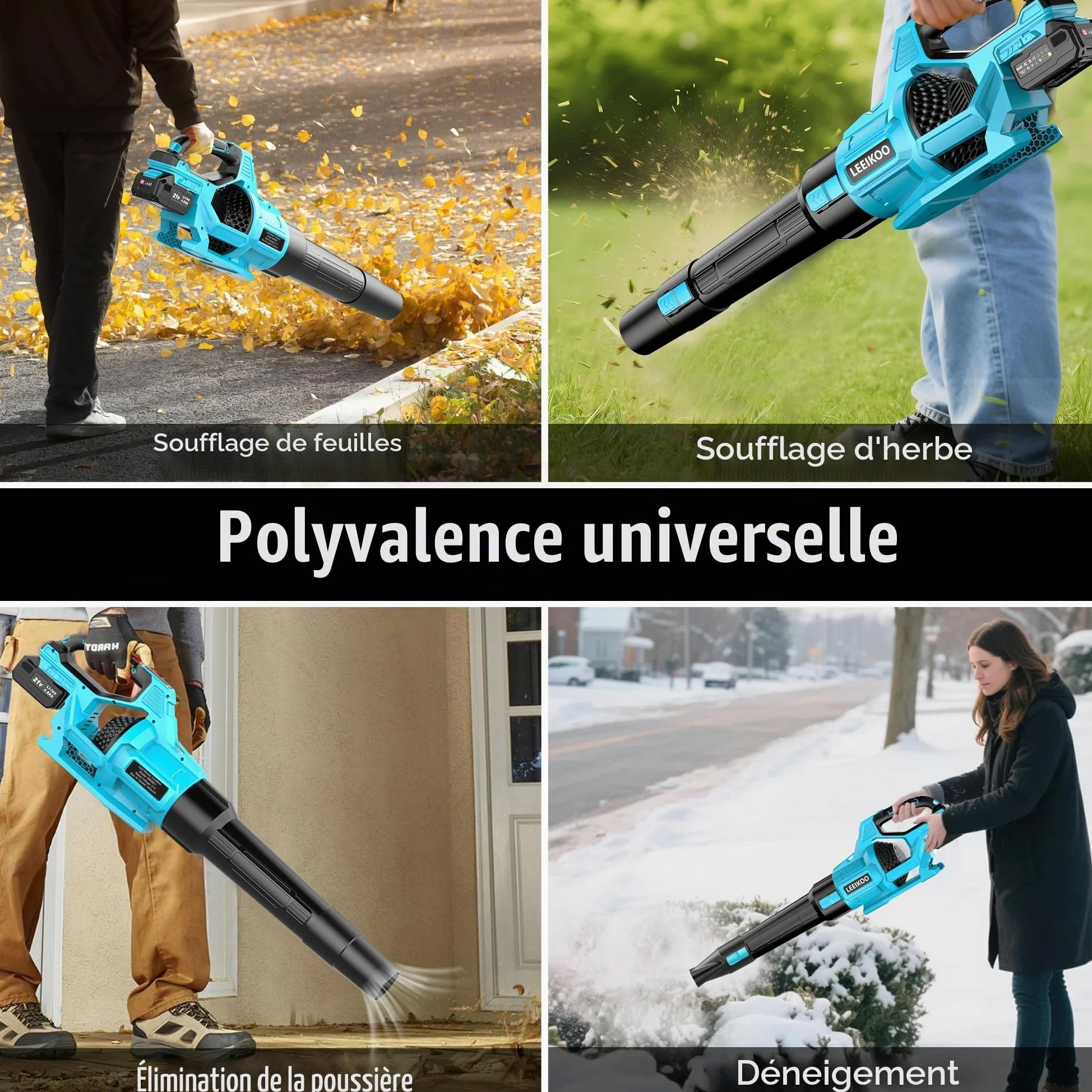 Souffleur Batterie, 21V Souffleur de Feuilles avec 2 Batteries 4,0Ah, 3 Vitesses, 2 Tubes de Soufflage, Sangle Souffleur à Batterie pour Nettoyage de Jardin