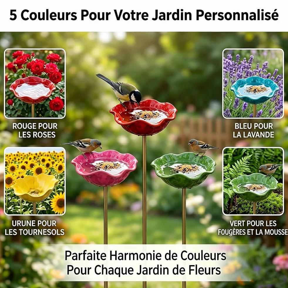 Bain d'Oiseaux Exterieur sur Pied Artisanal Fleur Ceramique 2 en 1 Abreuvoir Abeilles Mangeoire Oiseaux Jardin Rose