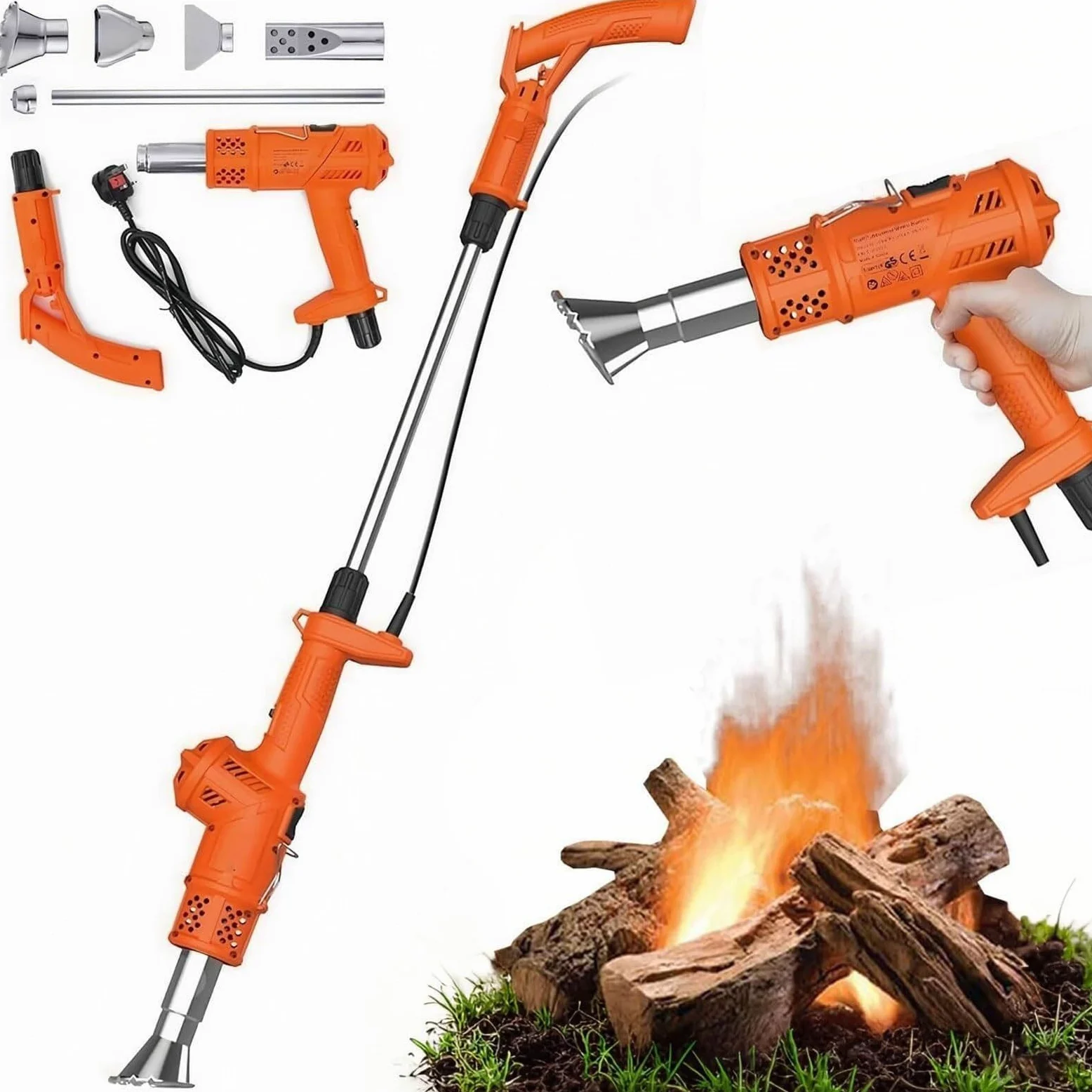 Désherbeur électrique 3 en 1,Pistolet à air Chaud, désherbant électrique,bâton de désherbage Thermique avec 5 Buses,désherbeur Thermique 650°C et Allume-feu for Barbecue(Orange)