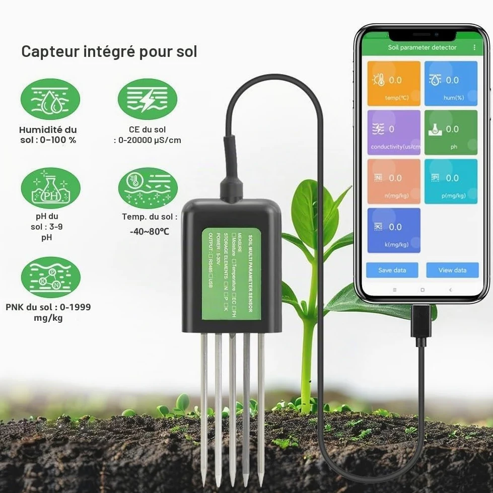 Bodenfeuchtesensor USB 8 en 1 avec PH/EC/Temperatur/Feuchtigkeitsmessung, IP68 wasserdichtes Epoxidharz und Metallsonde, kompatibel mit Android, noir