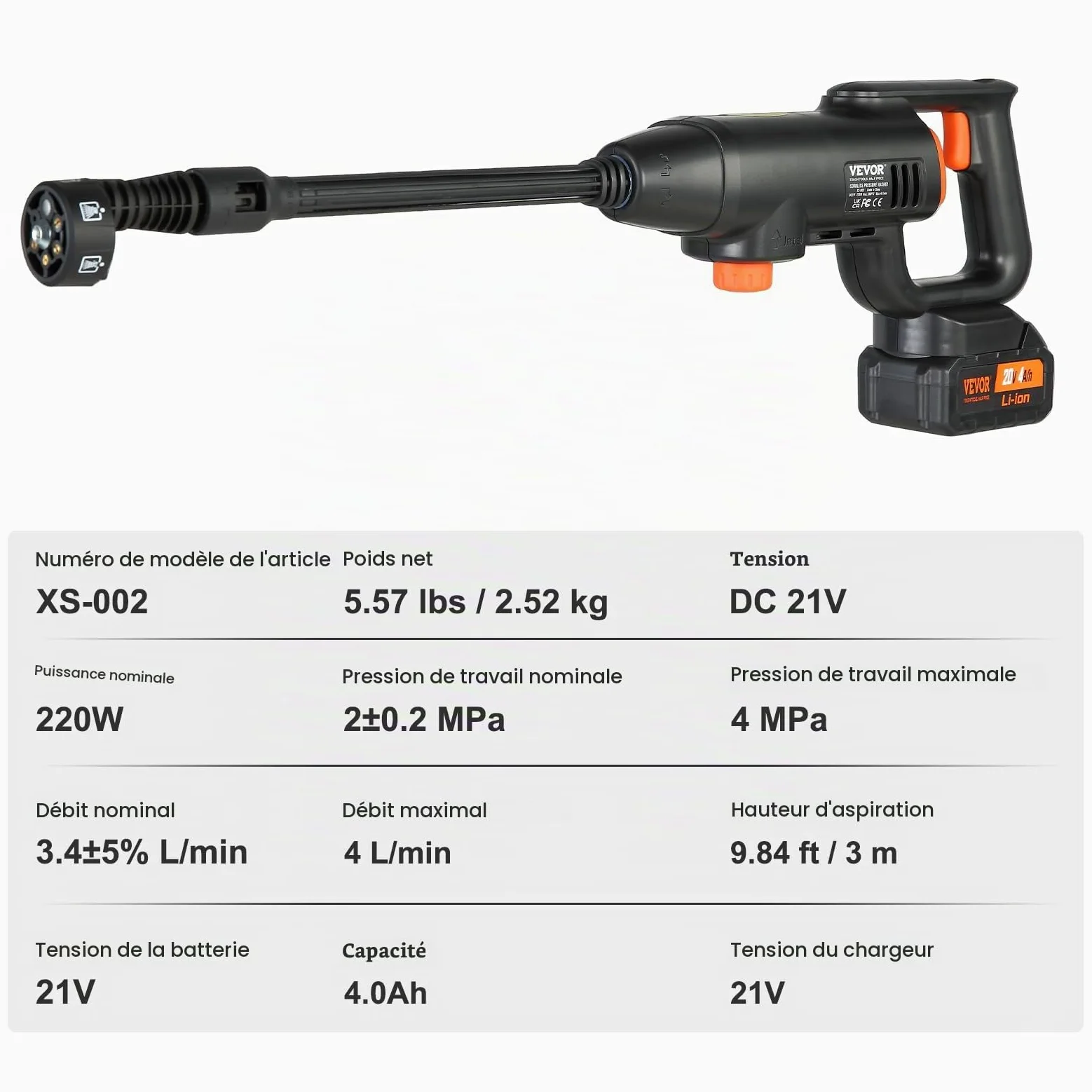 VEVOR Nettoyeur Haute Pression sur Batterie sans Fil 21 V Nettoyeur Haute Puissance Portable 580 PSI 40 bar Laveuse Électrique 4 L/min Batterie 4,0 Ah Chargeur pour Nettoyage Terrasse Jardin Voiture