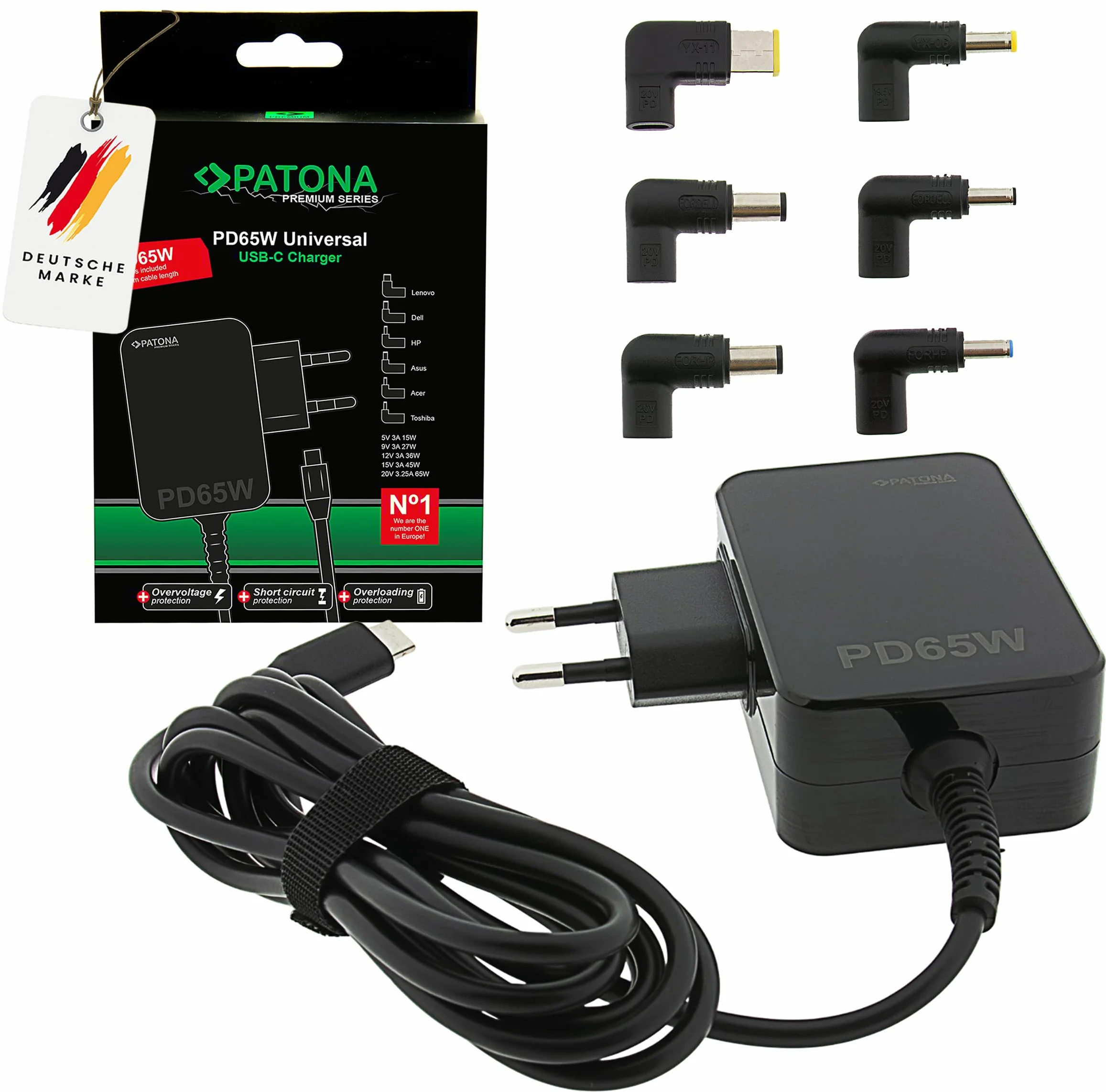 PATONA Adaptateur Secteur PD65W USB-C Power Delivery Chargeur Universel 100-240V Compatible ASUS Lenovo Dell HP
