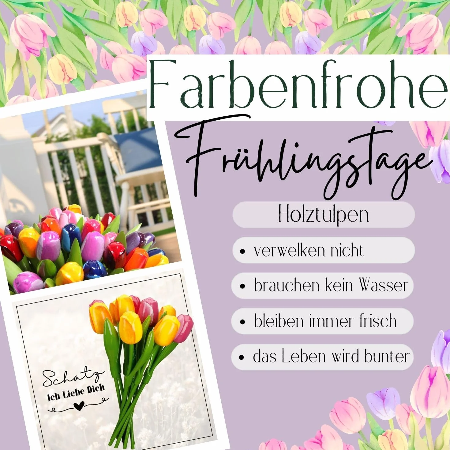 Bouquet de Tulipes en Bois Blanc 34 cm, Fleurs en Bois Décoration, Fabriqué en Hollande