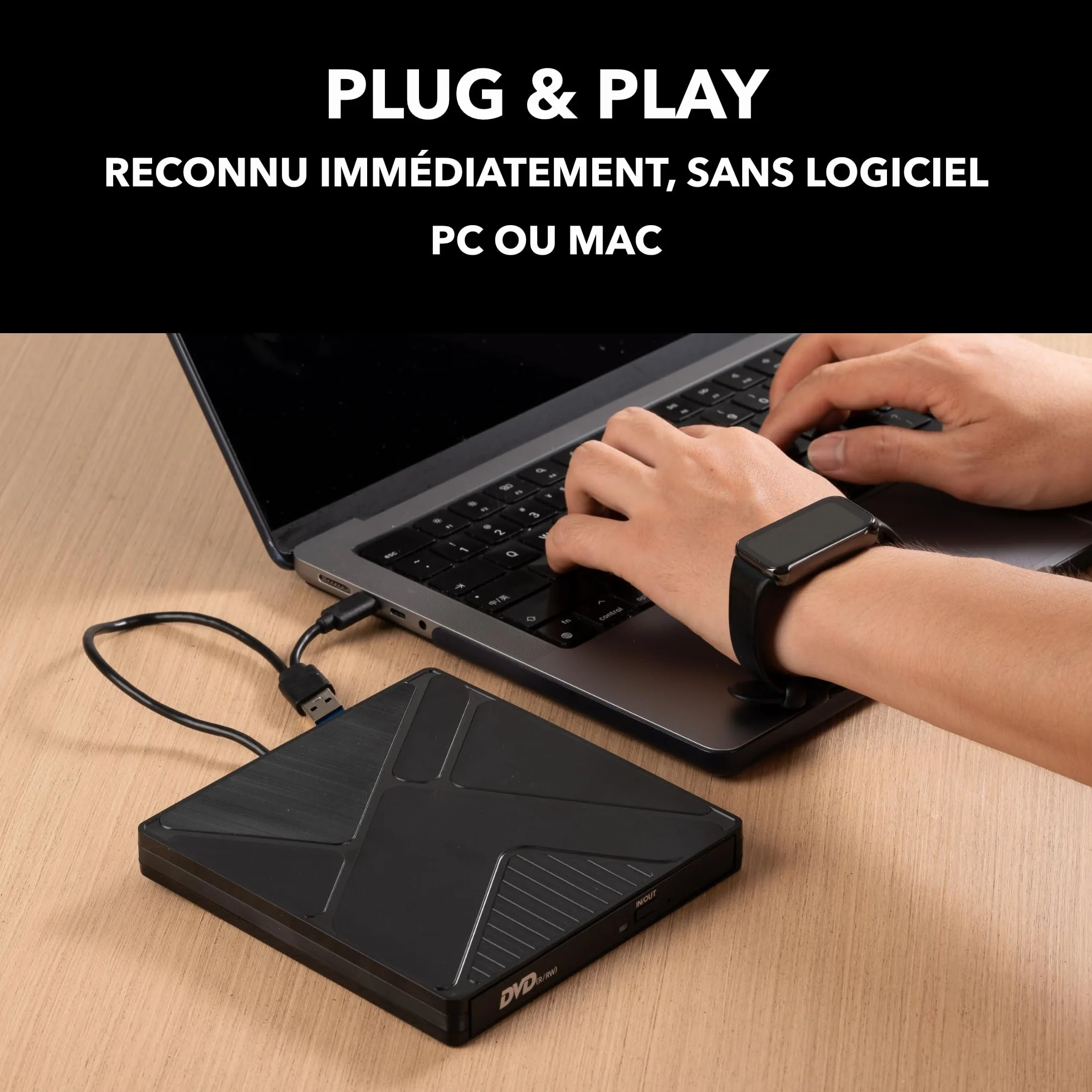 Takit Lecteur CD DVD Externe USB 3.0 & USB-C Graveur DVD Portable +/-RW Câble Intégré Compatible Windows Mac