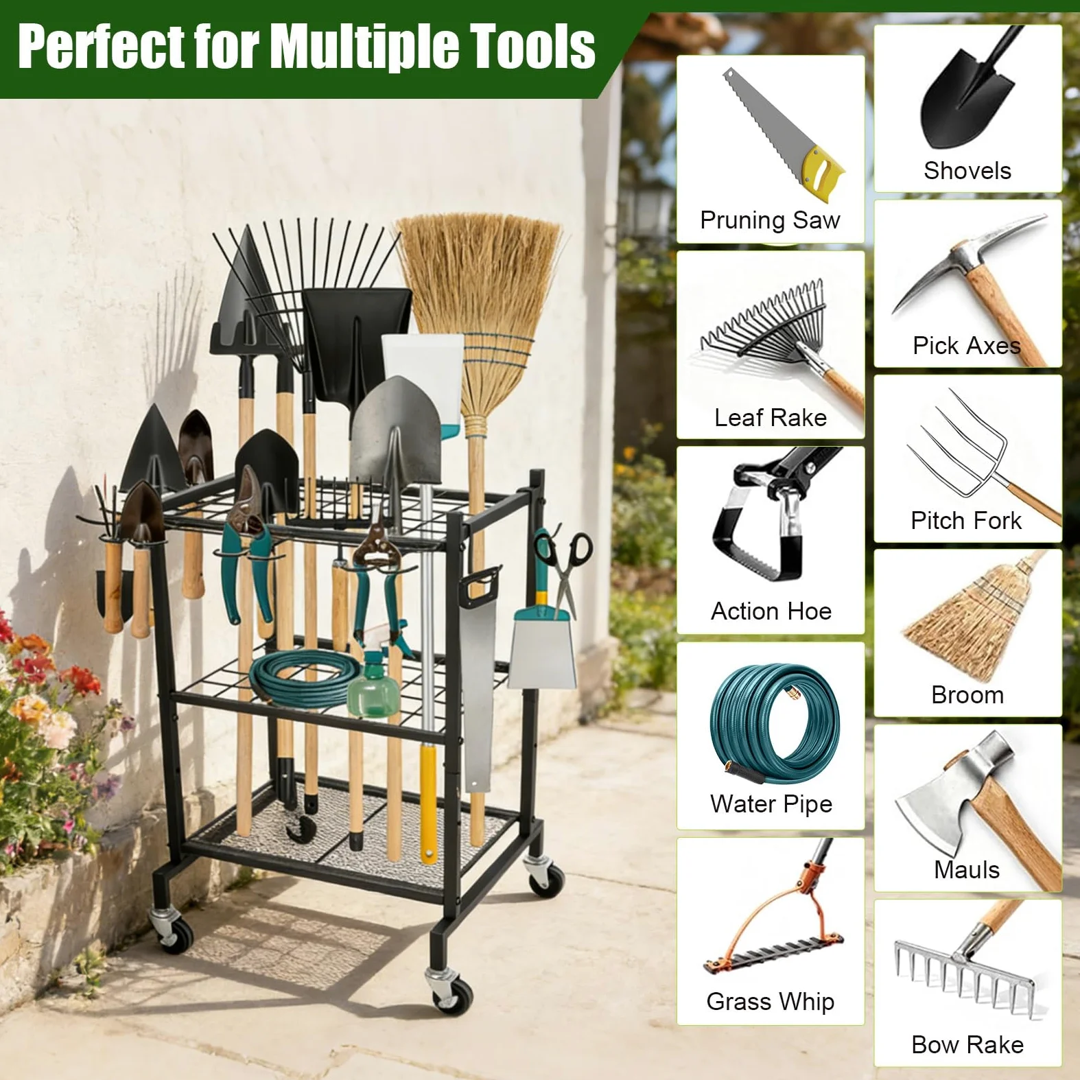 Étagère de rangement pour outils de jardin - 4 crochets et 35 fentes - En acier au carbone - Multifonction - Avec roulettes - Pour abri de jardin, balais, serpillère, râteau, pelle, tuyau d'arrosage