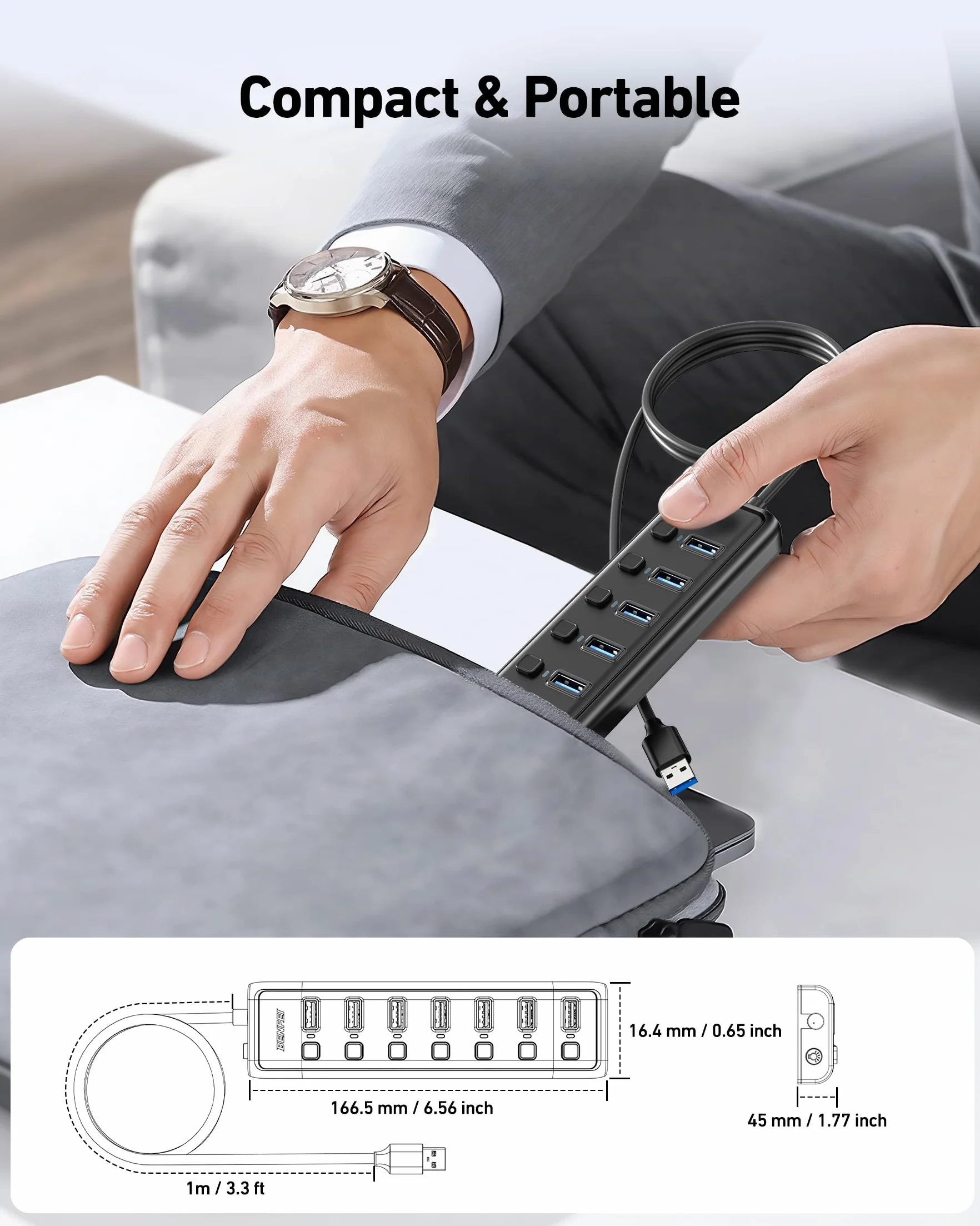 BENFEI Hub USB 3.0 7 Ports avec Câble 1 mètre Compatible MacBook Pro Air Mac Pro Mac Mini iMac Surface Pro XPS PC Clé USB Disque Dur Mobile