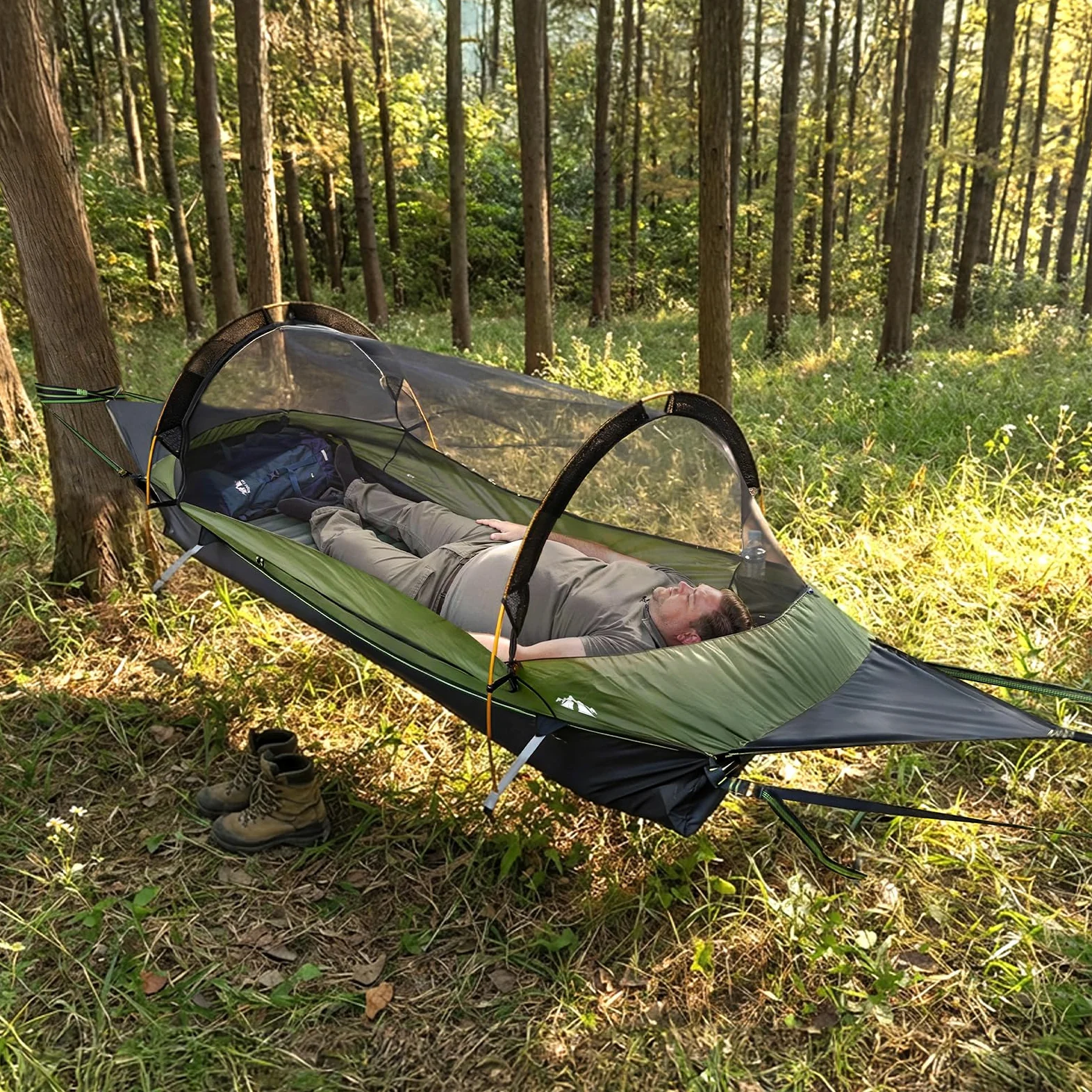 Night Cat Hamac Tente Fond Plat pour 1 Personne avec Moustiquaire Couverture Imperméable et Espace de Rangement Supplémentaire Randonnée Camping dans Jardin Arrière Cour Sauvage Vert Pro