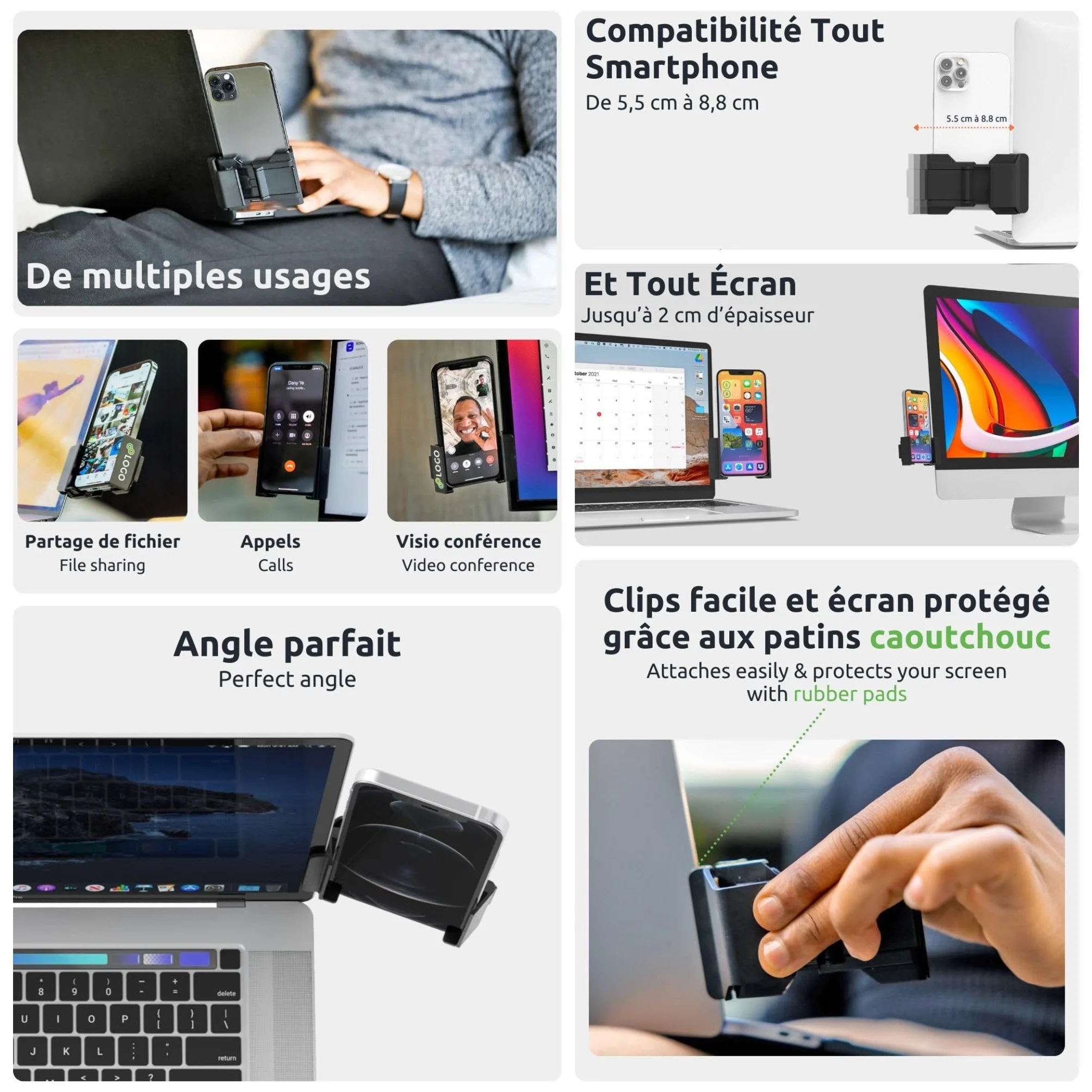 Support Téléphone PC Ajustable Universel pour iPhone Samsung Huawei Google Pixel Noir