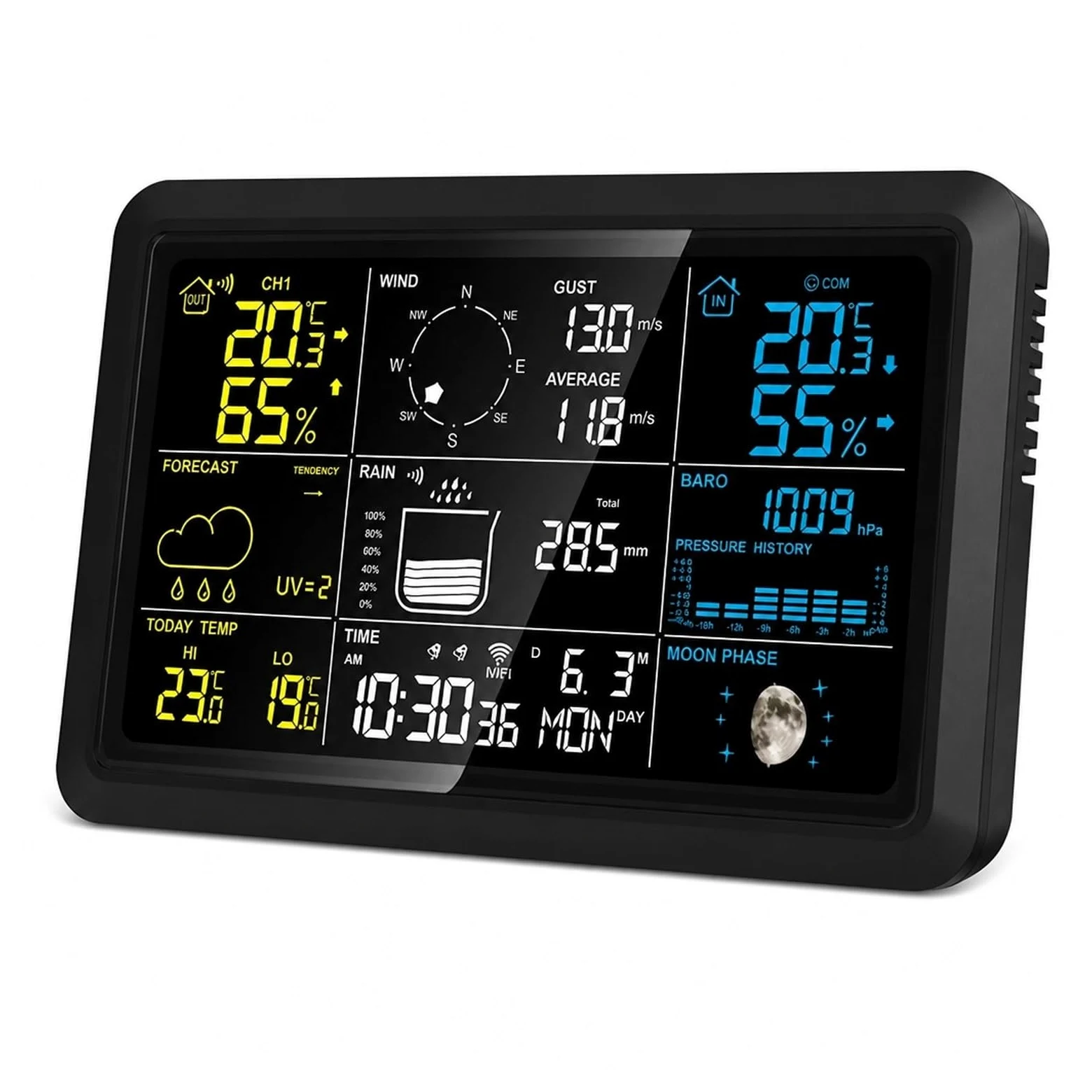 Pluviomètre extérieur, Réveil De Station Météo Sans Fil 7,5" Avec Capteur | WHITE