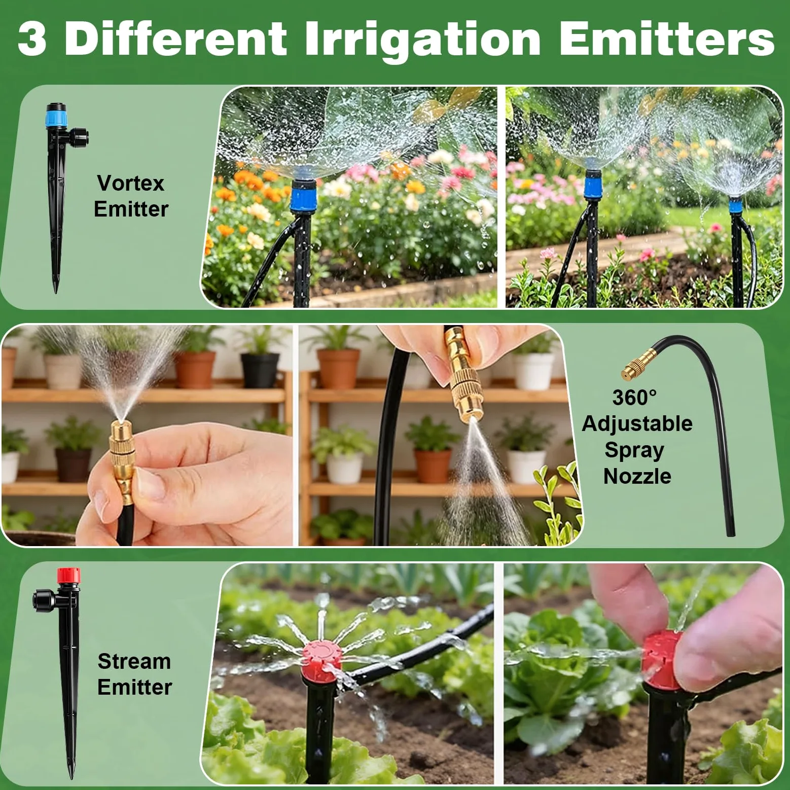 Système d'arrosage automatique à 360° pour jardin - 30 m - 20 émetteurs avec piquet + 10 buses en cuivre réglables - Arrosage goutte à goutte 12 mm + 6 mm - Système de refroidissement au brouillard