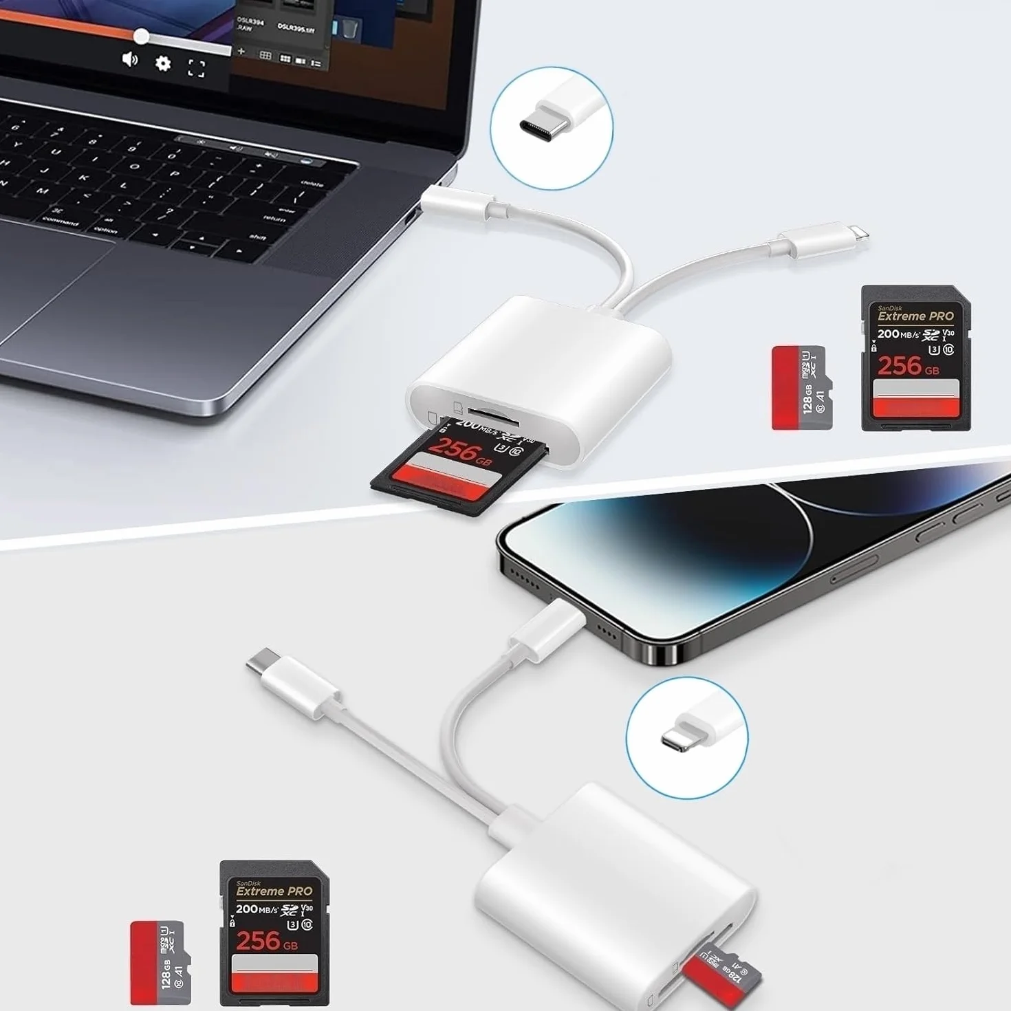 Lecteur de Carte SD pour iPhone, Adaptateur Lightning USB C pour Micro SD/SD, Lecteurs de Carte Mémoire USB C pour iPhone/iPad/MacBook/Caméra Plug and Play
