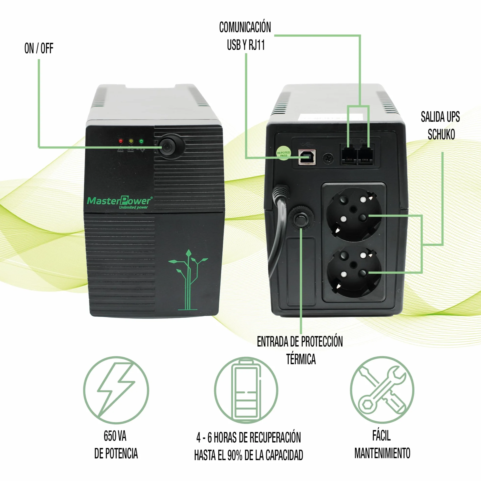 Master Power UPS 650 VA 360W 2 fiches Schuko