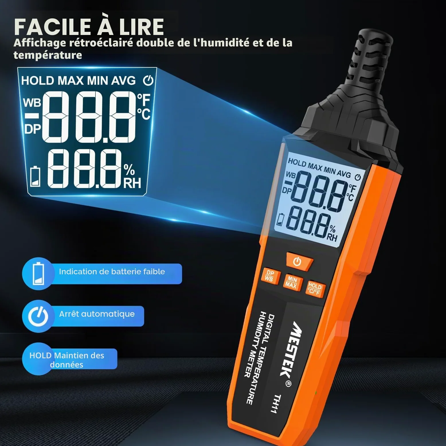 Hygromètre Thermomètre 4-en-1 MESTEK, Hygromètre Numérique Thermomètre Intérieur/Extérieur, Température du point de rosée et bulbe humide, Portable à Main, Pour Chambre Bureau Expédition de Camping