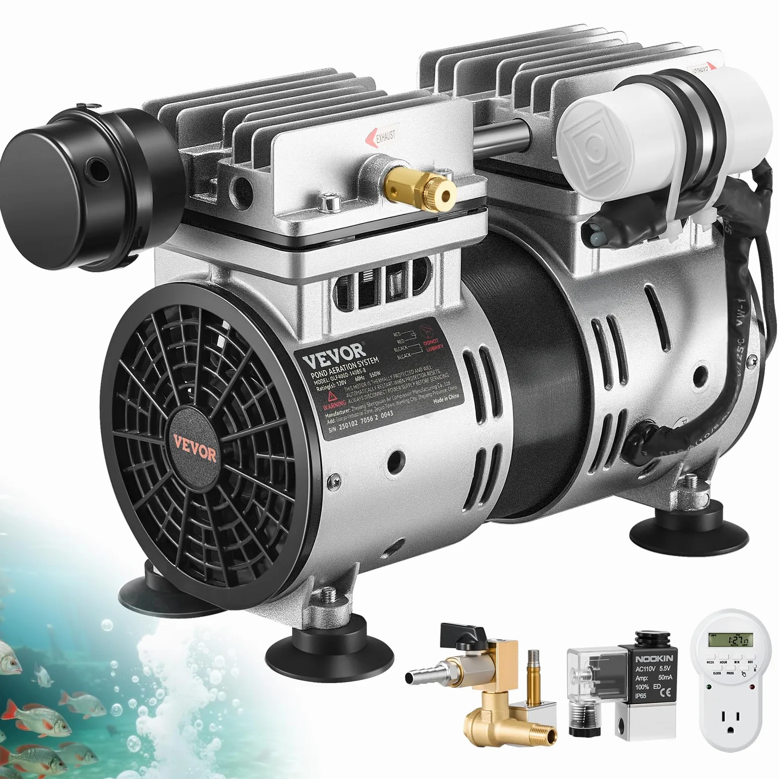 VEVOR Aérateur de Bassin, 550 W, kit système d'aération de lac, 5,2 CFM pour étangs jusqu'à 3 Acres Profondeur 15 m avec compresseur d'air, minuterie, vannes pour Circulation oxygène en Eau Profonde
