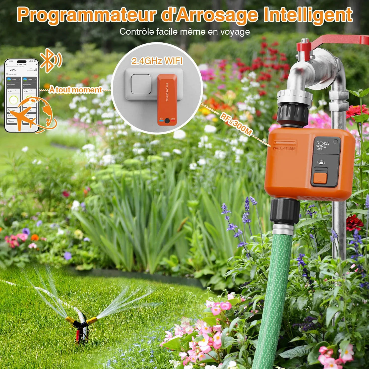 Programmateur Arrosage WiFi 300 Mètres RF Minuteur Automatique Alexa App Retard Pluie Irrigation