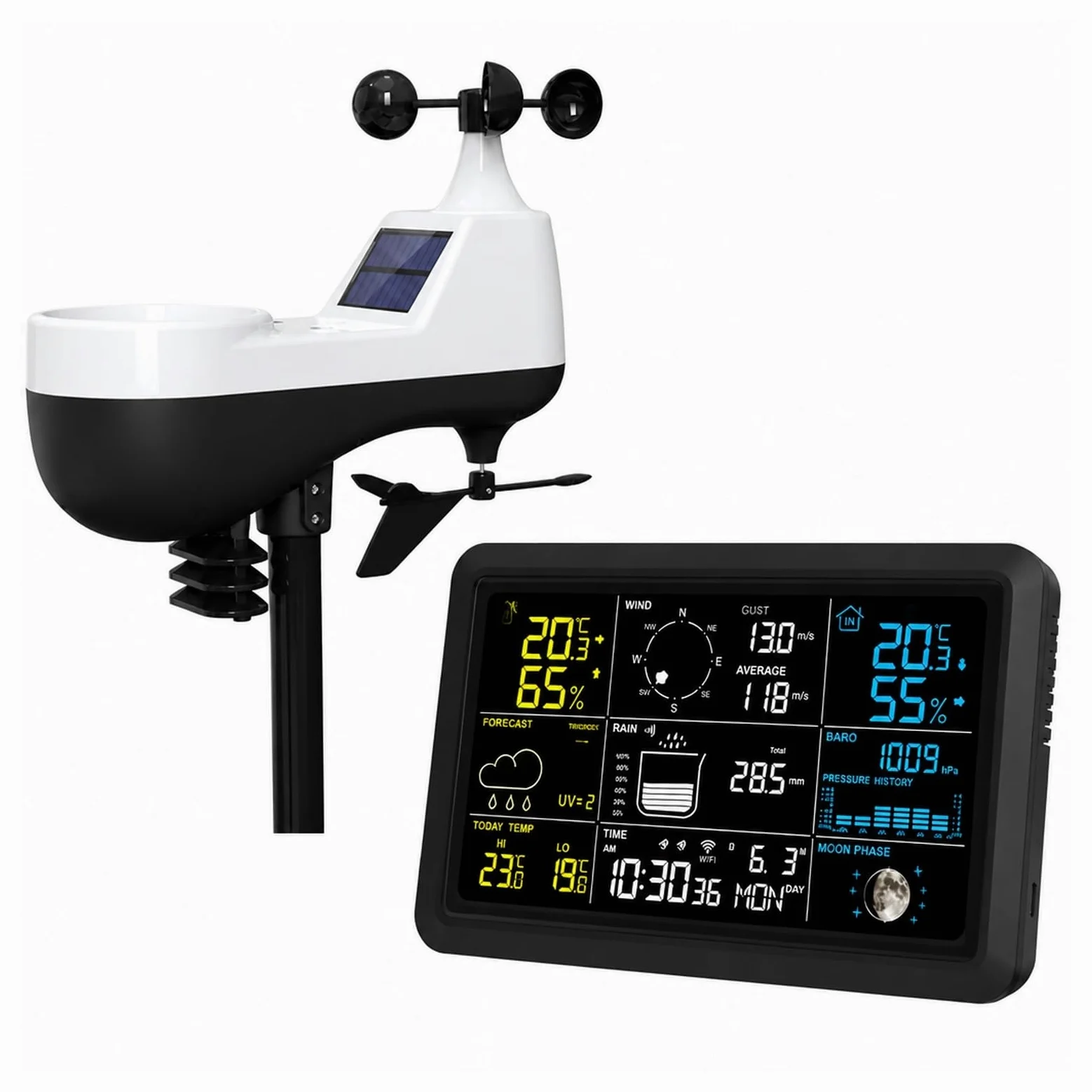 Pluviomètre extérieur, Réveil De Station Météo Sans Fil 7,5" Avec Capteur | WHITE