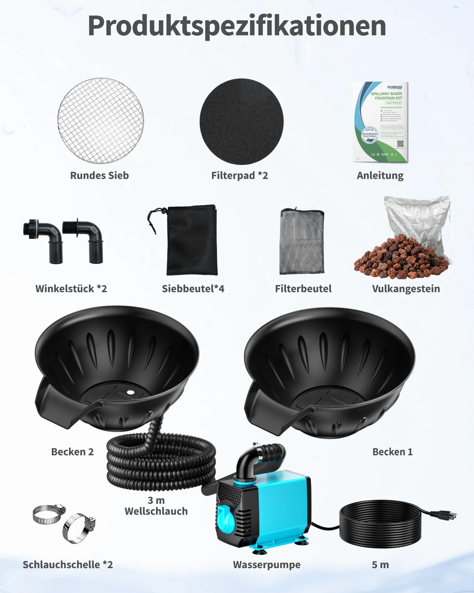 POPOSOAP Kit de Bassin et Cuvée de Déversoir, Fontaine avec Pompe de Bassin 2500 L/h pour Cascades, Plan d'eau DIY Intérieur/Extérieur Jardin