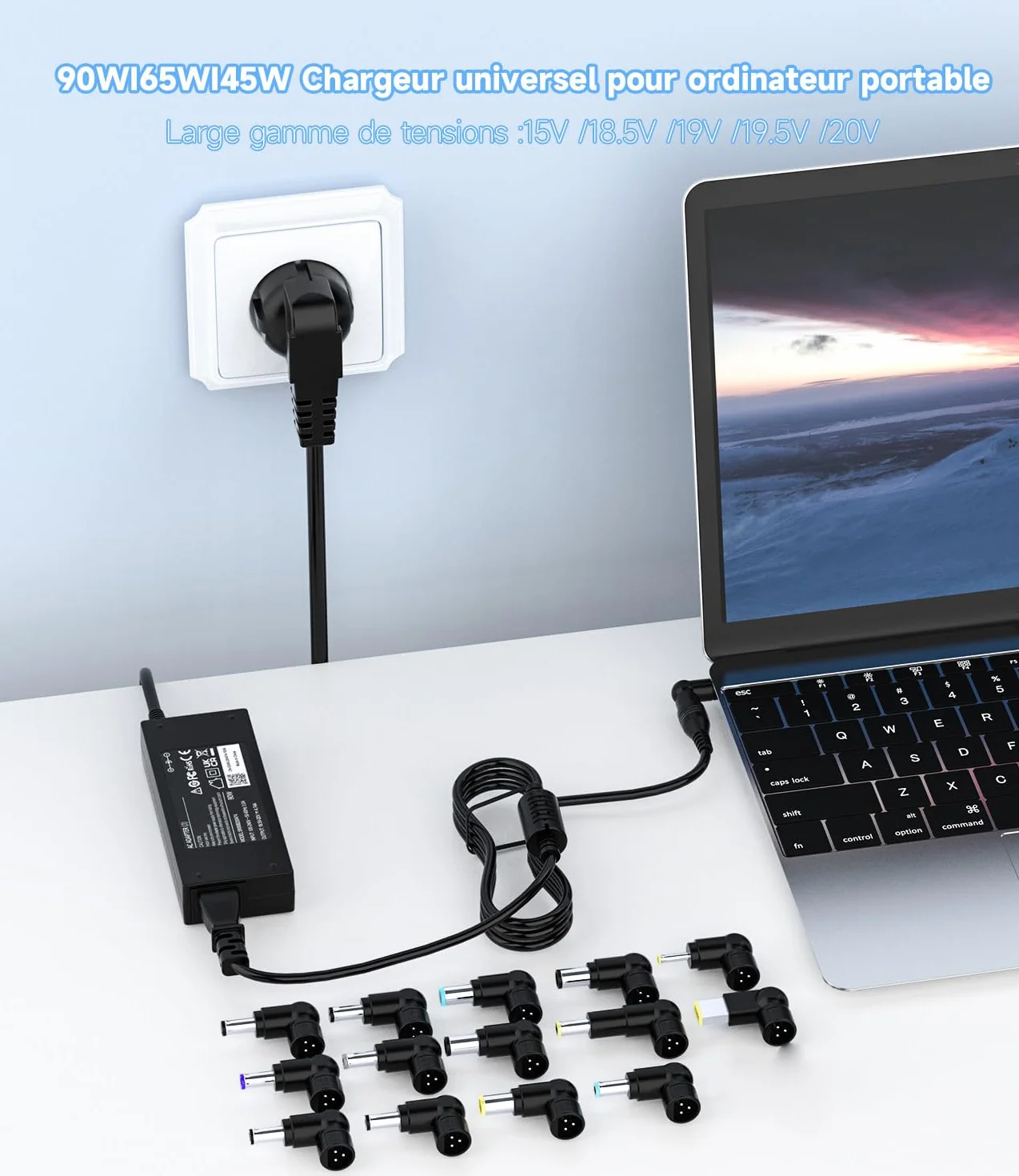 Chargeur Universel 90W pour Lenovo ASUS Dell HP Acer Toshiba Notebook Ultrabook Chromebook avec 15 Embouts