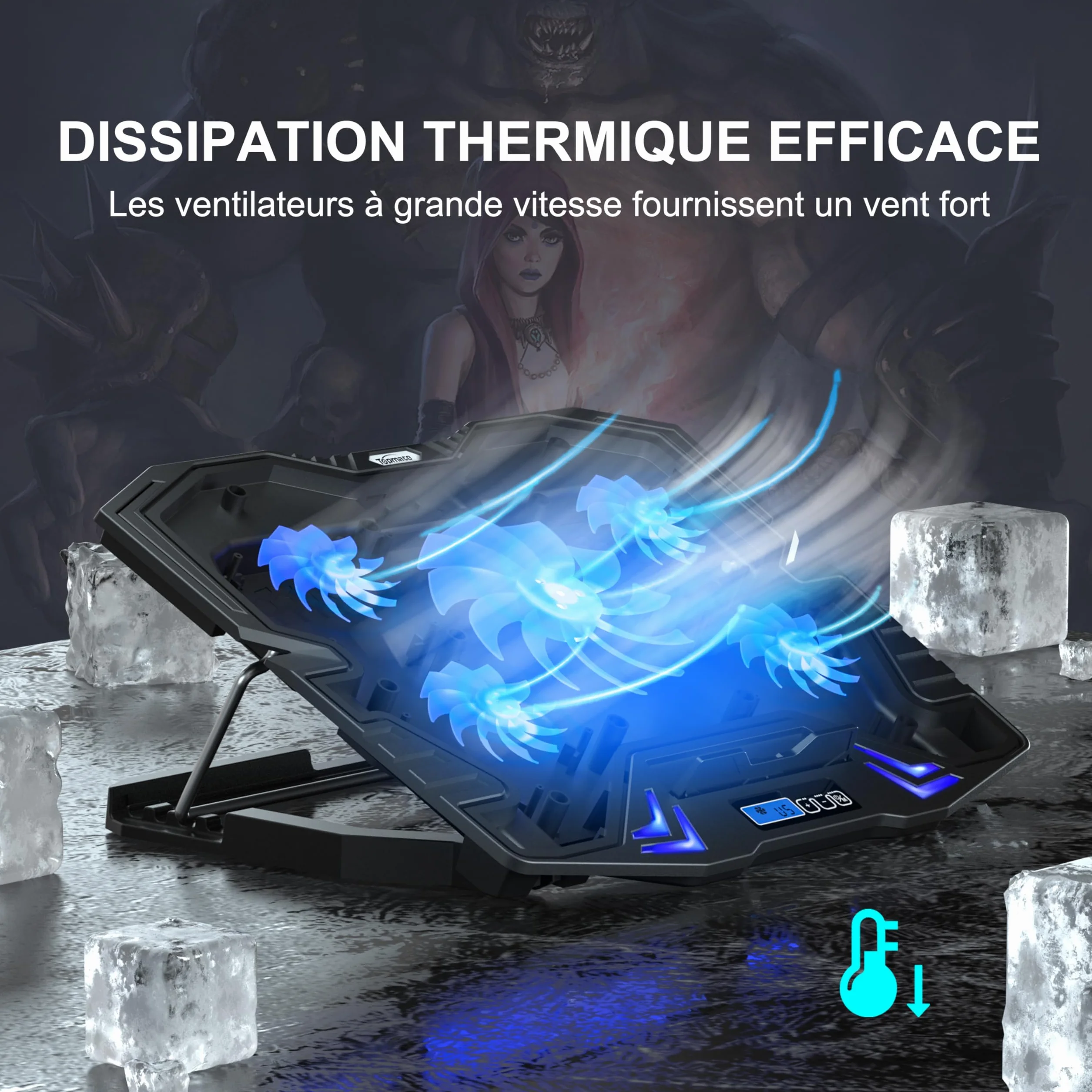 TopMate C5 Base de Refroidissement PC Portable Gamer 10-15,6 Pouces, 5 Ventilateurs Silencieux, LED Bleue, Contrôleur LCD