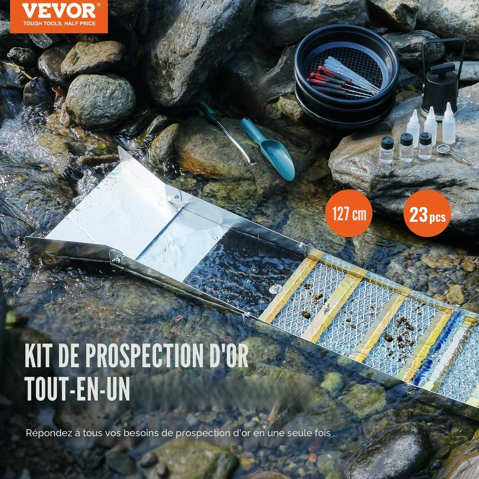VEVOR Kit d'Orpaillage Portable 23 Pièces 127 cm Rampe d'Orpaillage en Aluminium avec Bâtée Tamis Pipettes Pelle