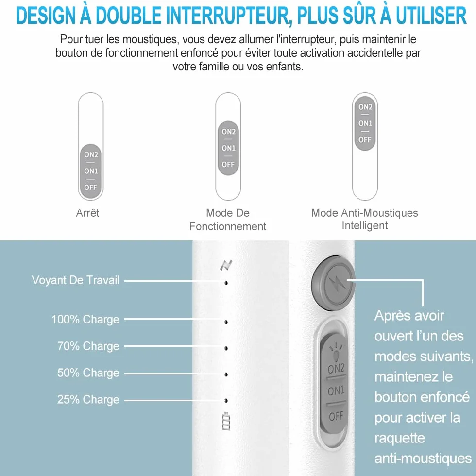 DANGZW Tapette à Mouches Électrique 5000V 2 en 1 2000 mAh USB Rechargeable avec Base de Chargement