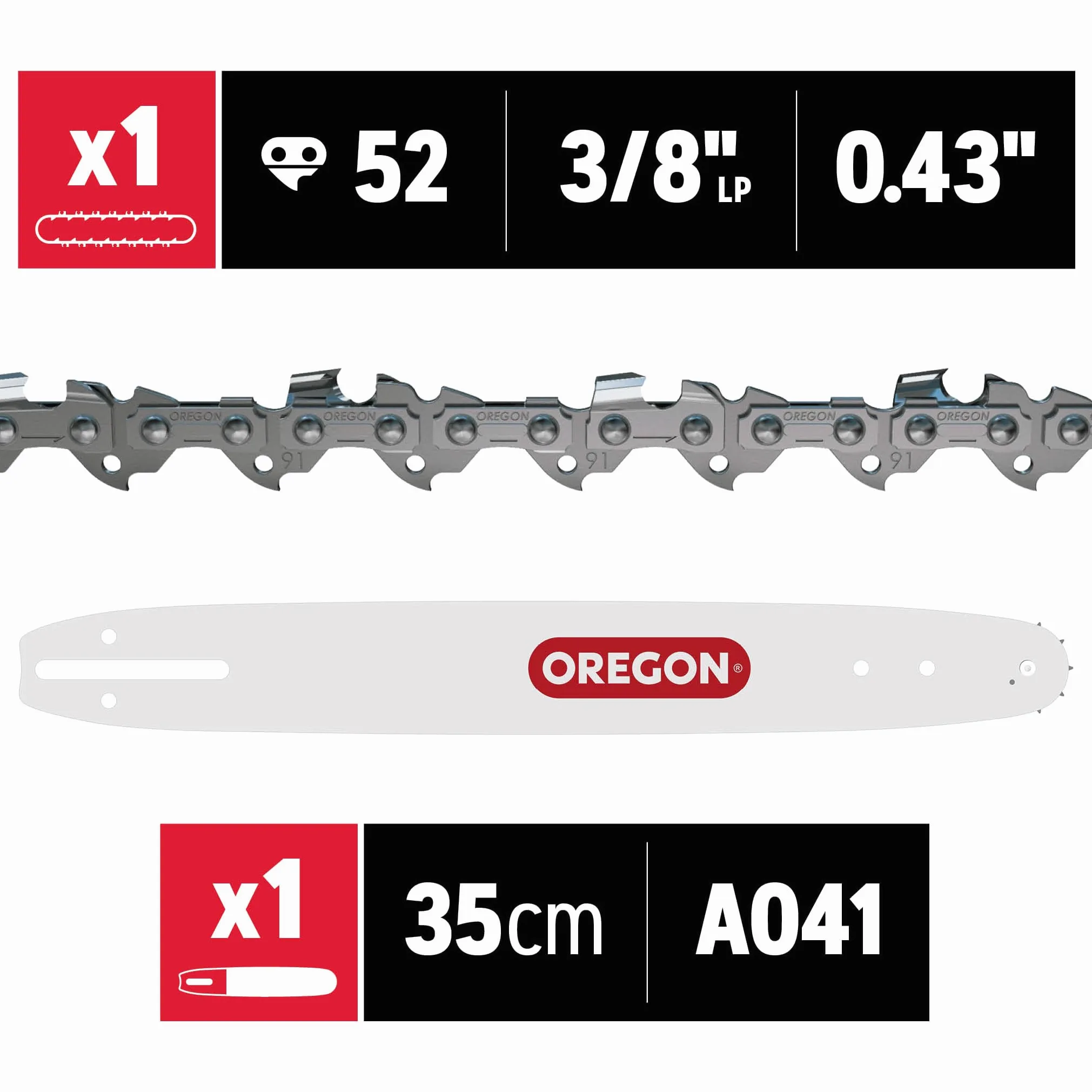 Oregon Chaîne et Guide de Tronçonneuse - Chaîne 3/8" Low Profile, 0.43 pouces (1.1mm), 52 maillons avec Guide A041 de 35cm, compatible avec Bosch, Makita, Dolmar, Einhell, Ryobi, Worx et autres