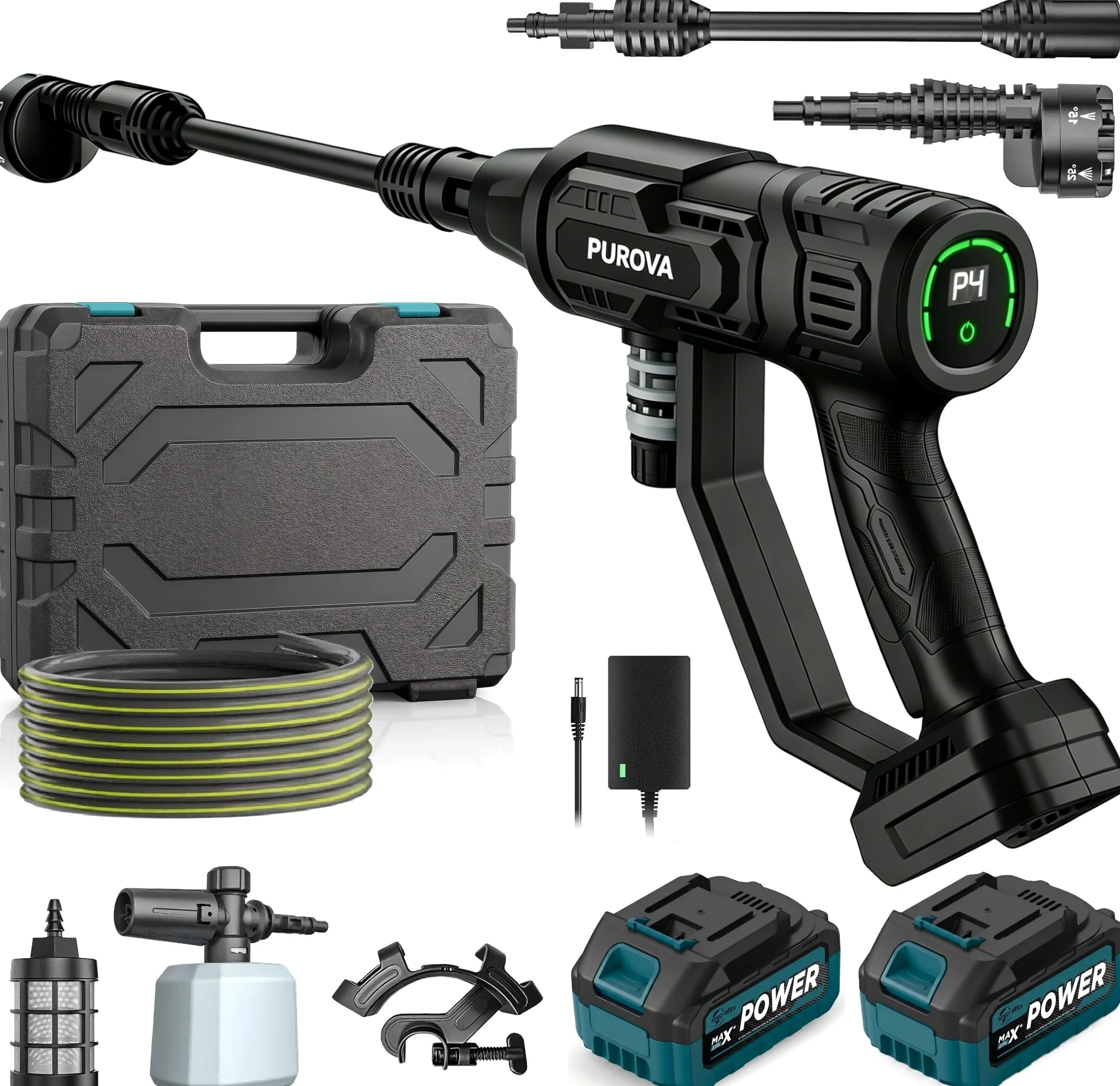 Nettoyeur Haute Pression sans Fil 125 Bar avec 2 Batteries 4.0Ah, Moteur sans Balais 1500W & Écran LCD, 4 Niveaux de Pression, Débit 600 L/h, Buse 6-en-1 & Tuyau 5m pour Auto, Terrasse et Jardin