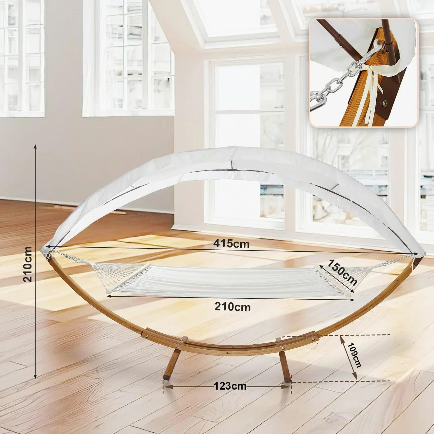 Hamac XXL de 410 cm avec Structure et auvent, Surface de Couchage 200 x 150 cm, hamac en Bois de mélèze résistant aux intempéries, jusqu'à 200 kg