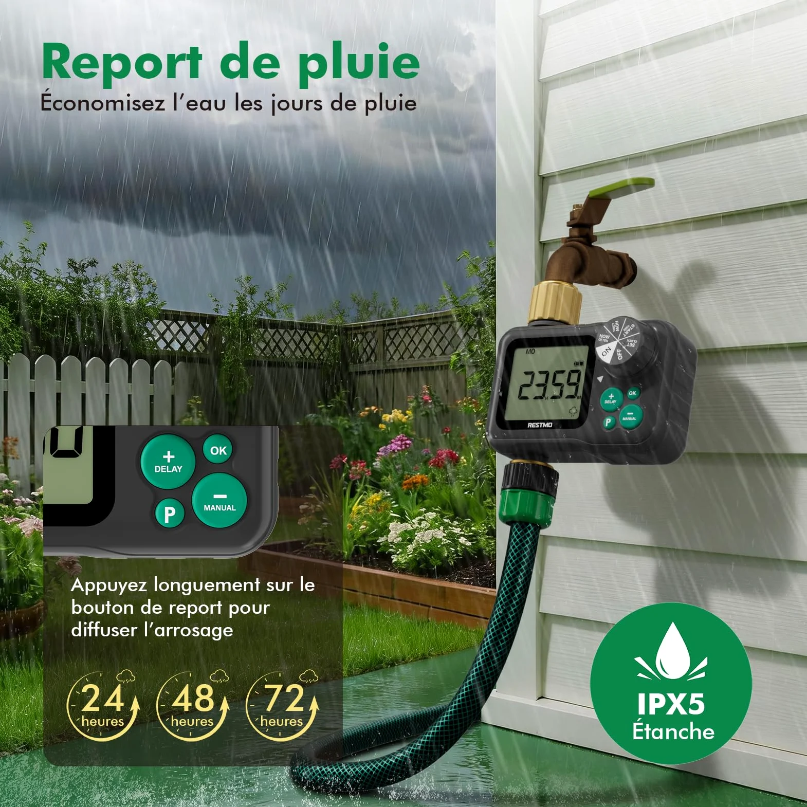 RESTMO Programmateur arrosage 1 Zone avec Puce RF intégrée et télécommande | Entrée et sortie en laiton, mode automatique/manuel/retardateur pluie, convient aux robinets extérieurs
