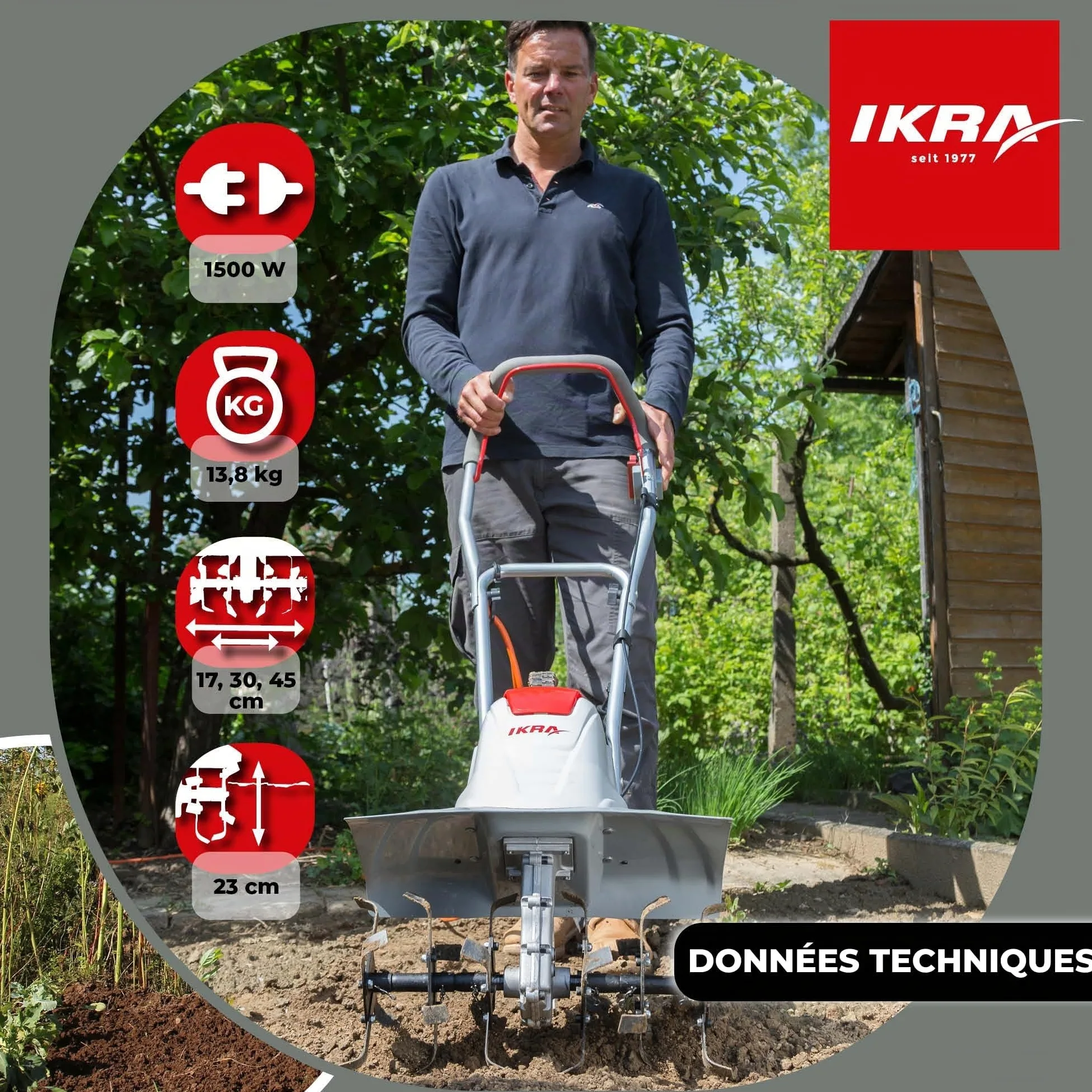 IKRA motoculteur électrique FEM 1500, 17, 30 et 45 cm, avec sarcloir Manuel | 1500 W, profondeur de travail 23 cm, patin de frein, roue de transport, pliable, protection contre les surcharges