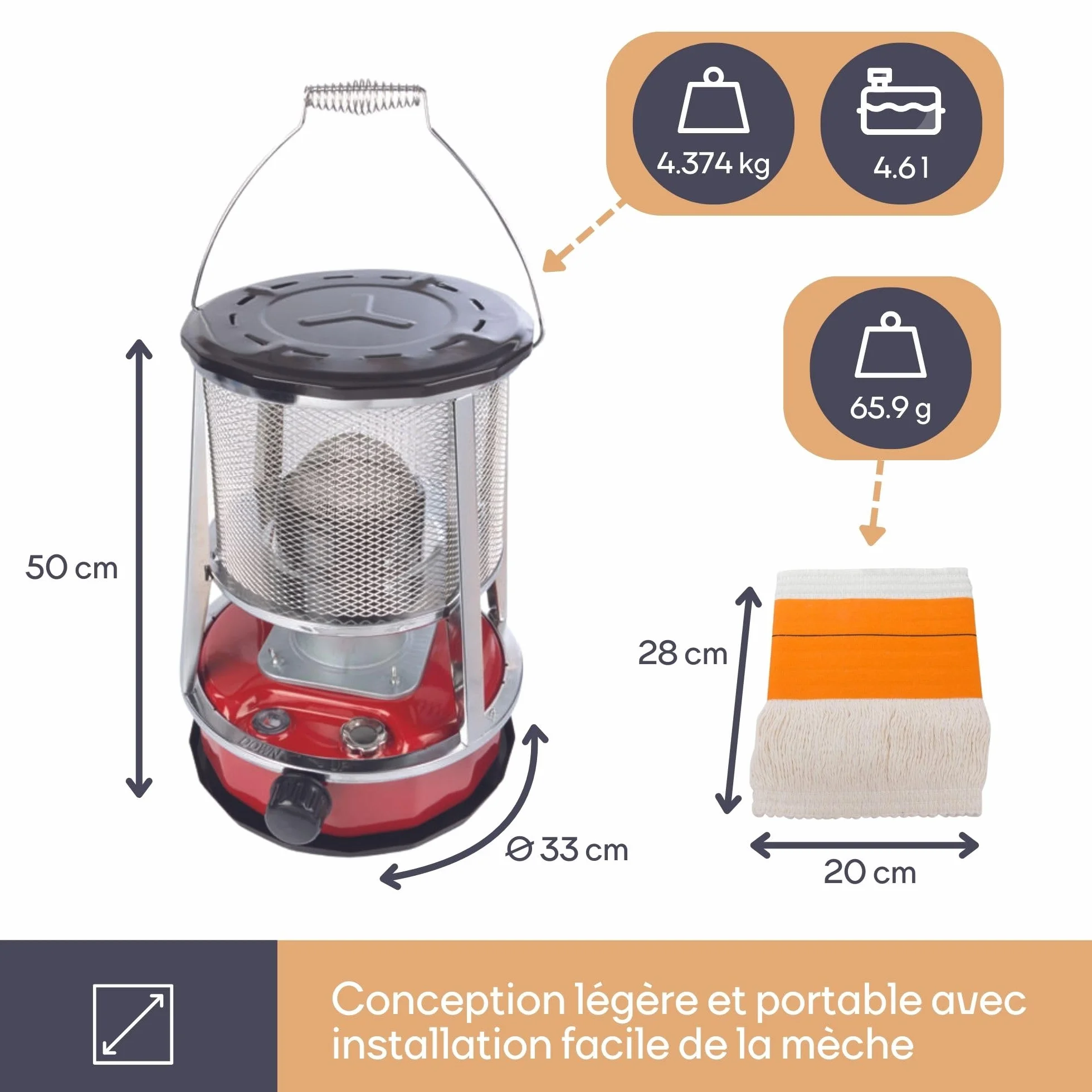 Chauffage à pétrole portable 2600W avec mèche + 2 rechanges, poêle extérieur camping tente 4,6L 18h