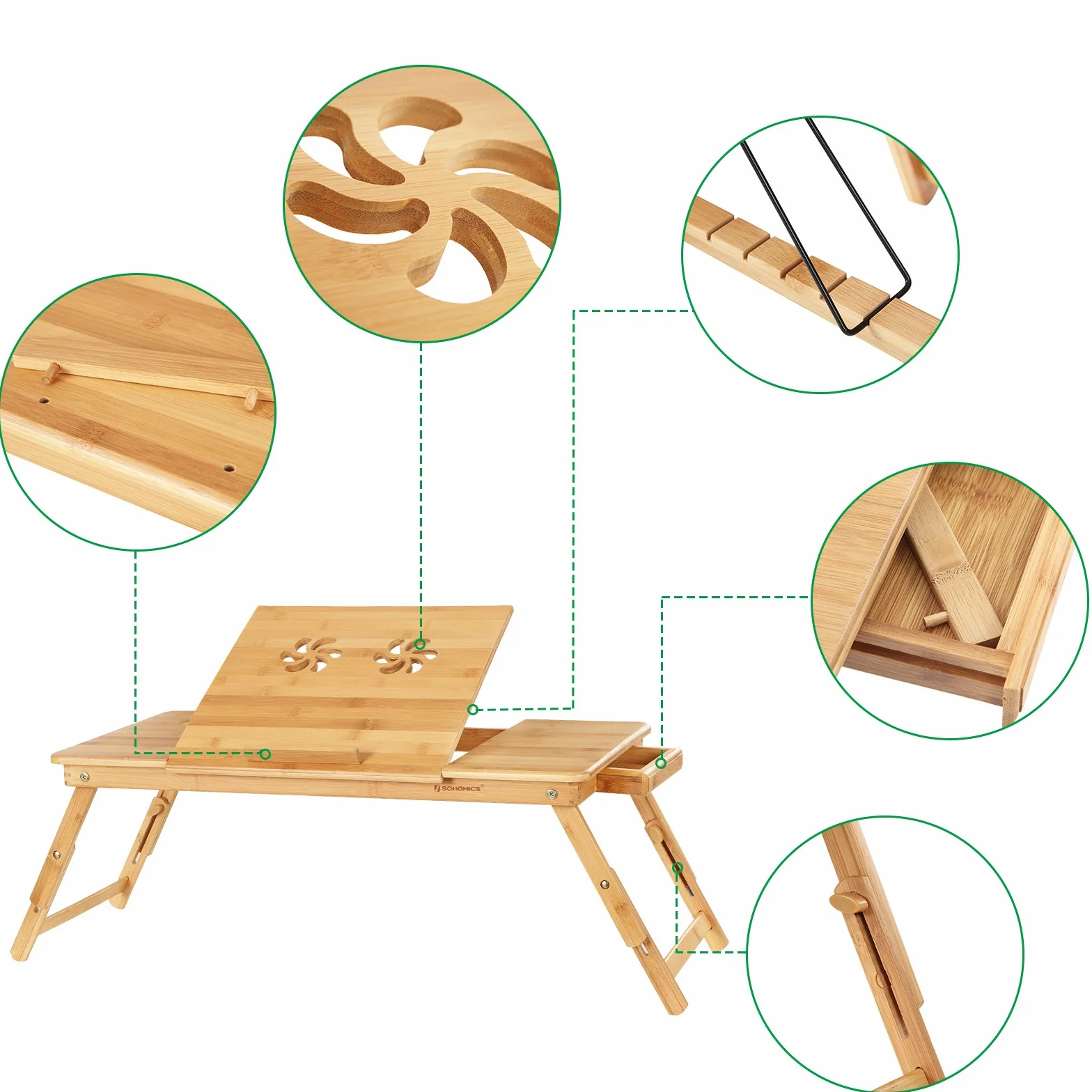 SONGMICS Table de lit pliable en bambou pour ordinateur portable, Plateau ajustable 5 positions, 72 x 21-29 x 35 cm, Tiroir LLD004