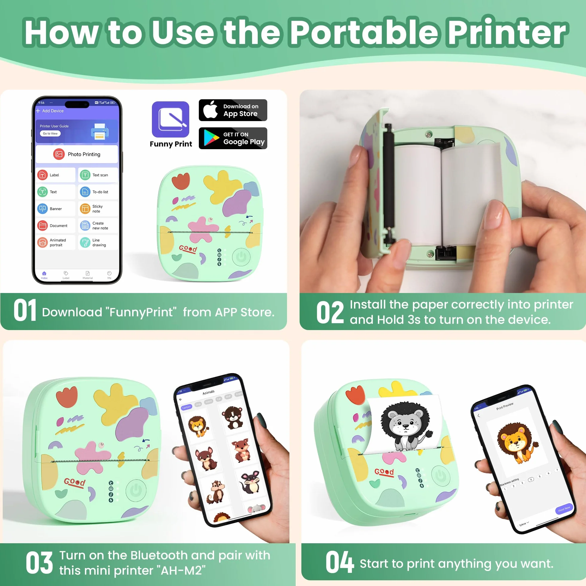 Imprimante Thermique Mini sans Encre Bluetooth Portable 3 Rouleaux Papier Vert pour Stickers Étiquettes DIY Enfants