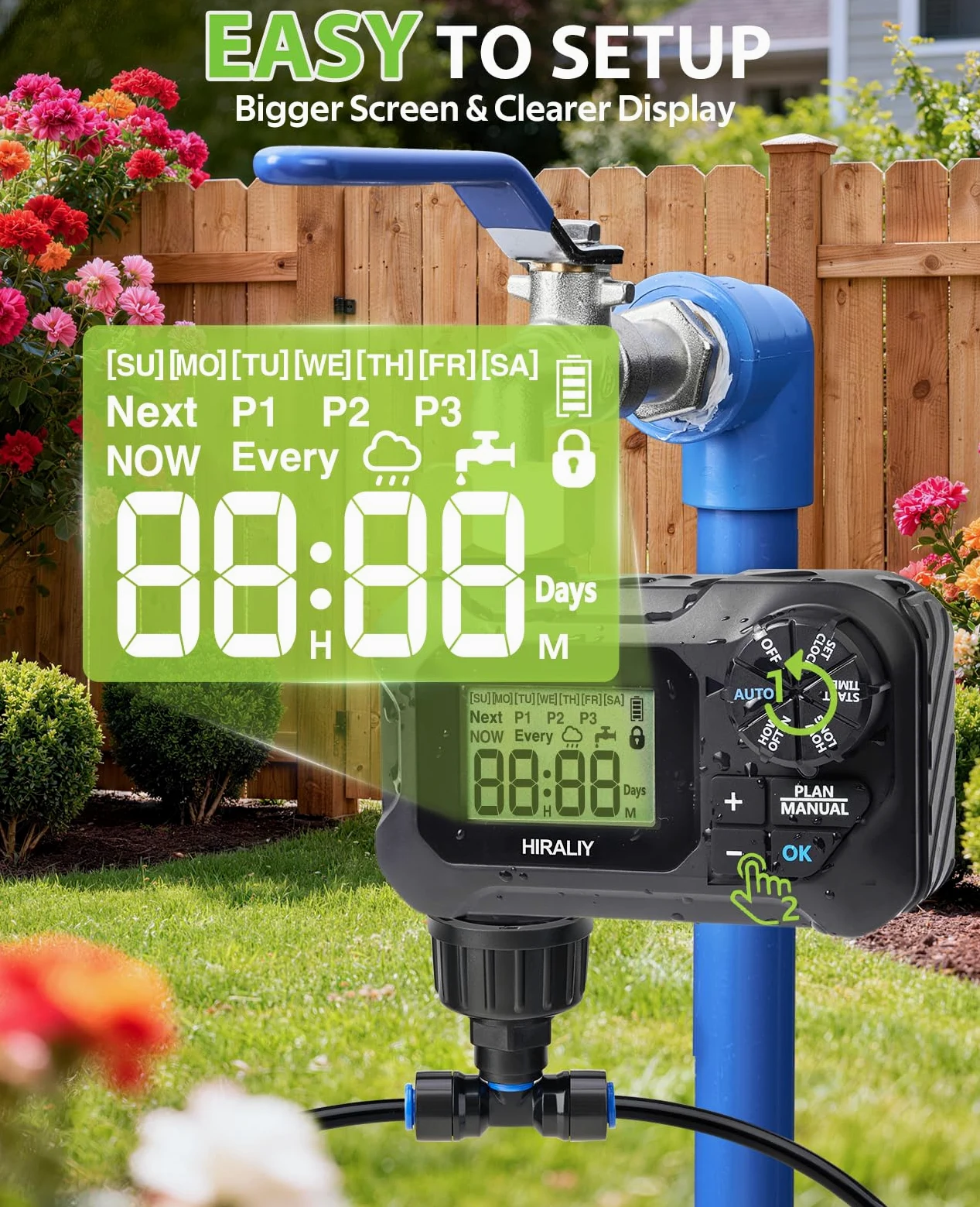 HIRALIY Système d'irrigation compensateur de pression avec minuterie de jardin, nouveau système d'arrosage de jardin à connecteur rapide, kit d'irrigation pour plantes, arrosage régulier par minuterie